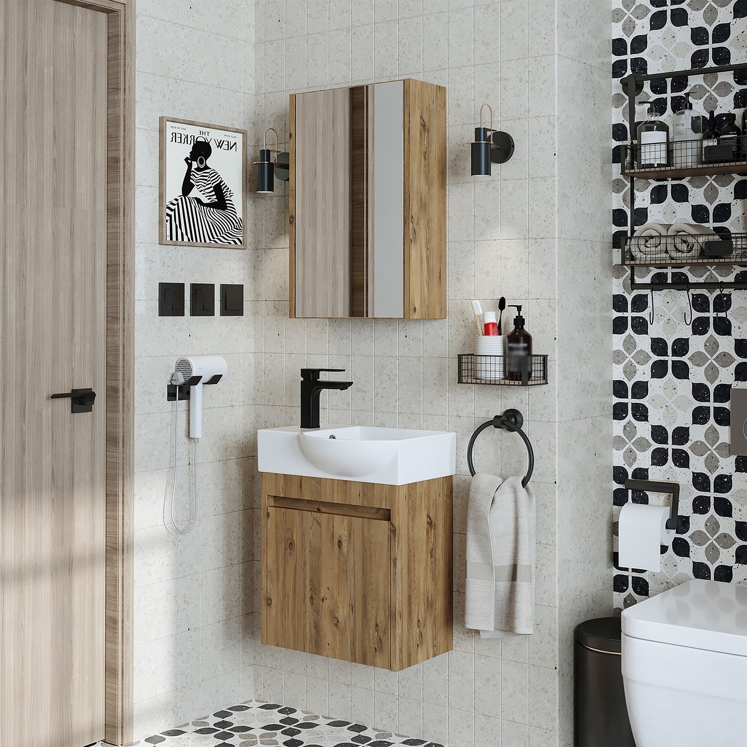 Roomart LEO Badmöbel Set– 3-teiliges Badezimmermöbel Set - Unterschrank, Waschbecken & Spiegelschrank - H 45 x B 24.5 x T 46.5 cm • Eiche Bild 1