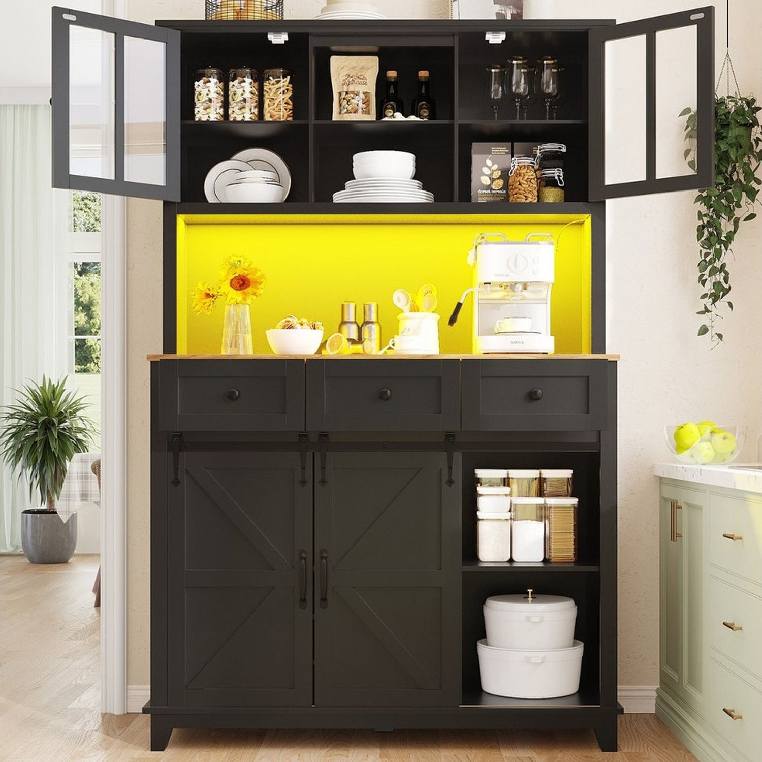 Flieks Küchenbuffet mit LED-Beleuchtung und Weinregal (Vitrinenschrank mit Schubladen und Glastüren, 1-St, B105/T40/H180 cm) Hochschrank Küchenschrank Geschirrschrank mit verstellbare Ablagen Bild 1