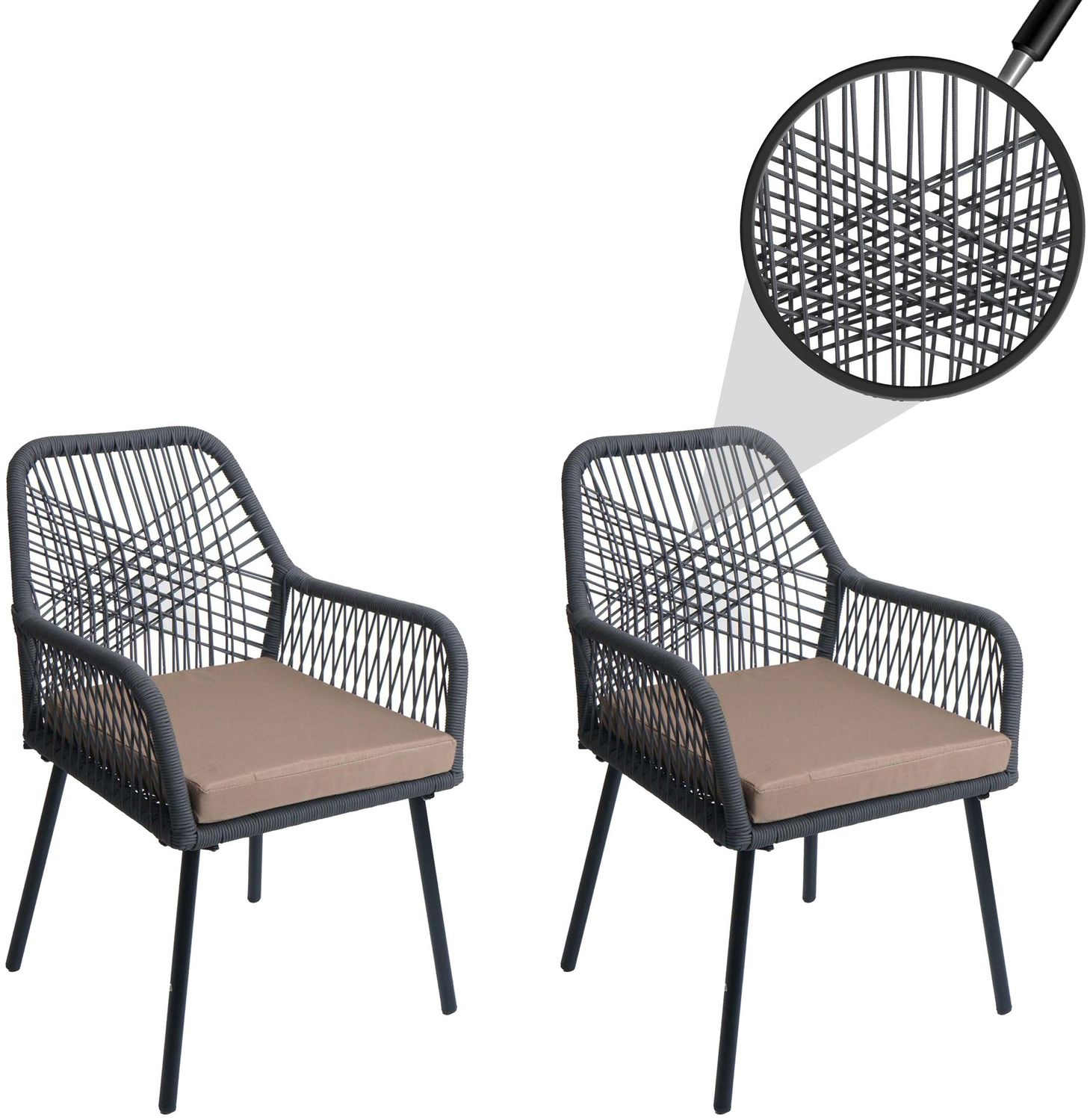2er-Set Gartenstuhl HWC-O12, Outdoor Sitzpolster Aluminium Seilgeflecht Rope ~ anthrazit, Bezug taupe Bild 1
