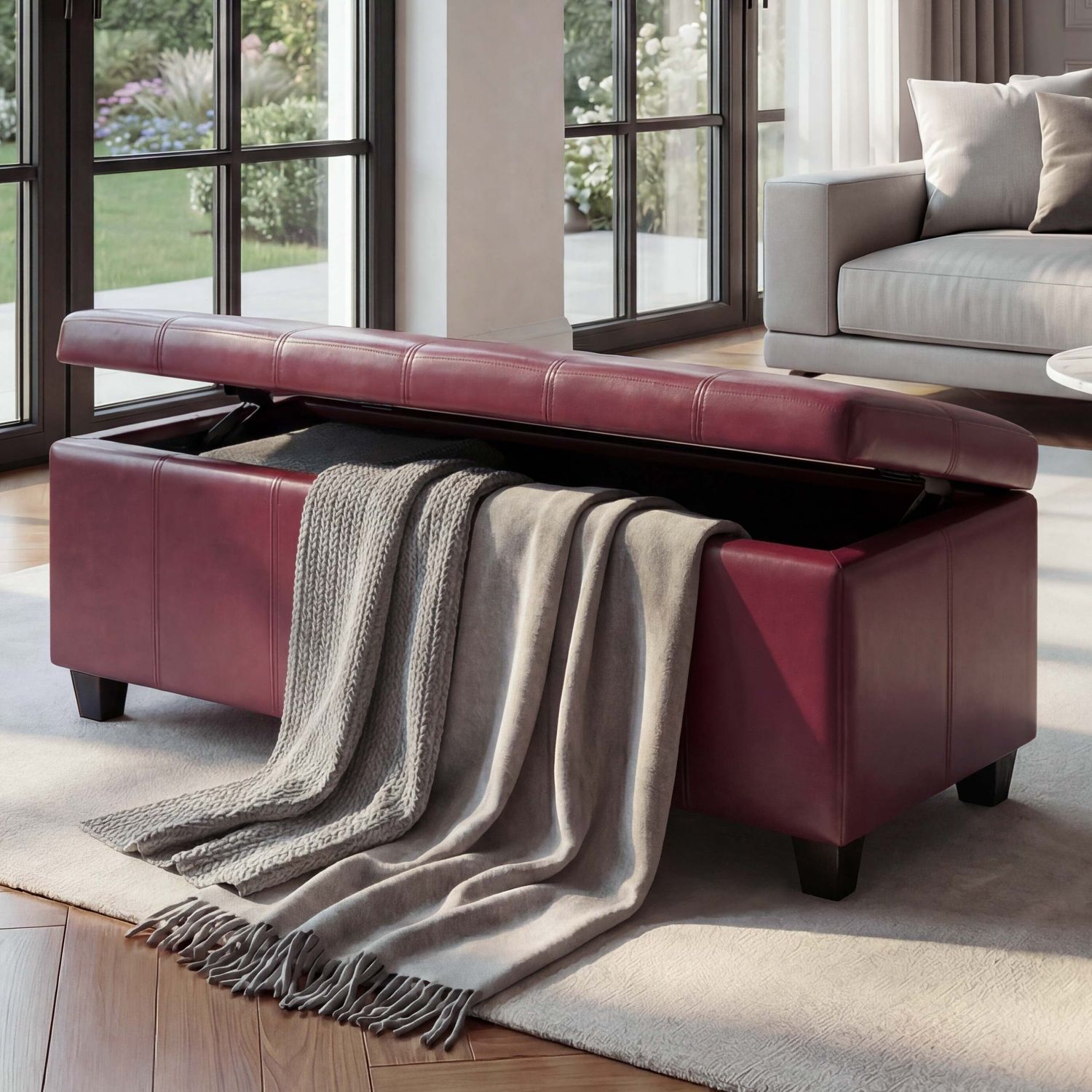 Aufbewahrungs-Truhe Sitzbank Kriens, Leder + Kunstleder, 112x45x45cm FSC®-zertifiziert ~ rot Bild 1