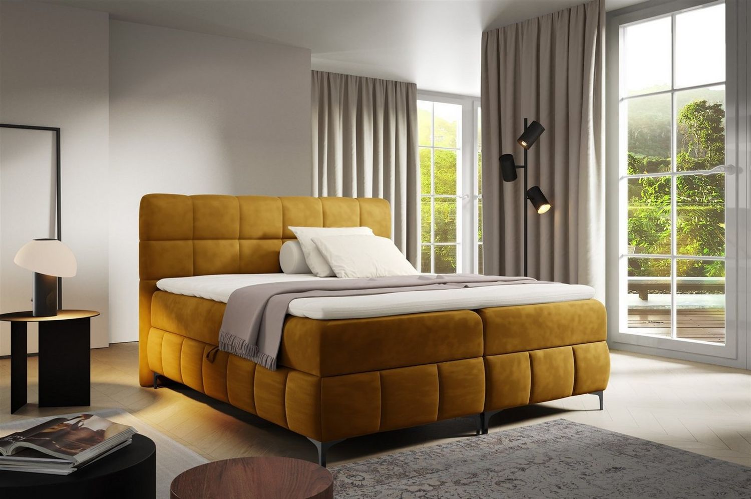 Boxspringbett Schlafzimmerbett SOPHIE 160x200cm Stoff Salvador Honiggelb Bild 1