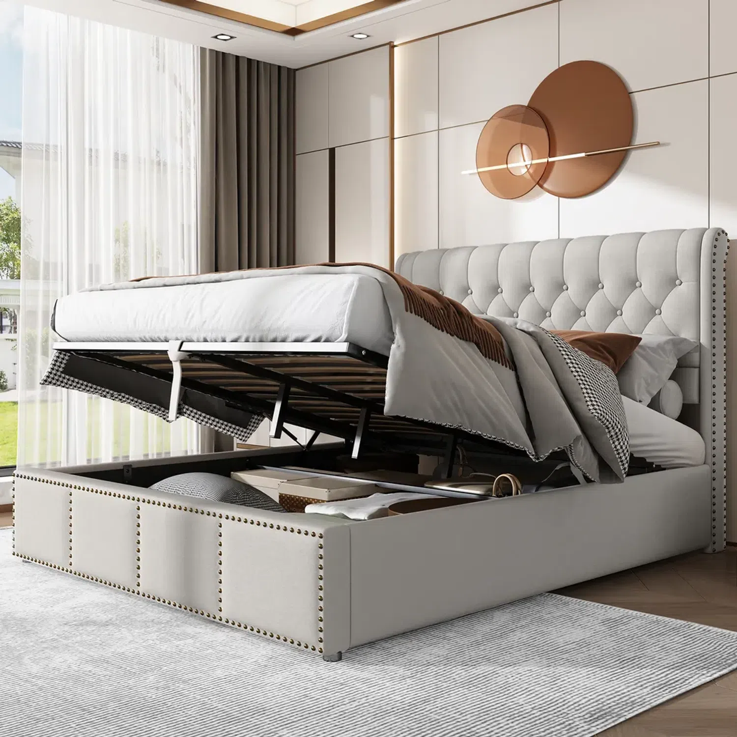 Stauraumbett Doppelbett mit Lattenrost und Bettkasten, 140x200 cm, gepolsterter Kopfteil, Leinen Bild 1