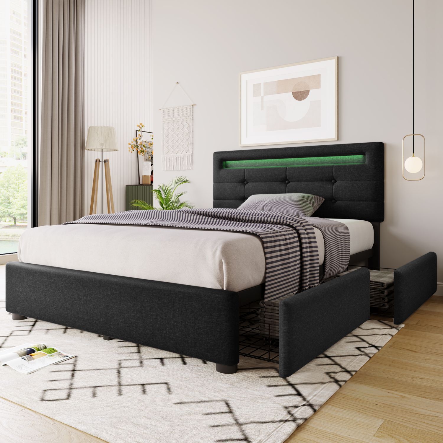 Polsterbettgestell, Leinen mit LED-Kopfteil & 2 Schubladen, 90x200 cm, 100,5x208x93,5-103 cm, Schwarz, ohne Matratze Bild 1