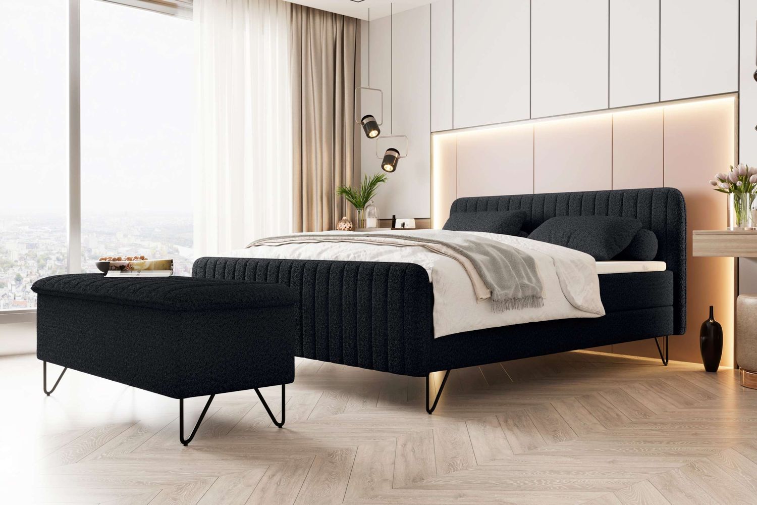 99rooms Lucio Boxspringbett mit Hocker Boucle-Stoff ANTHOLOGY Schwarz 180x200 cm Bild 1