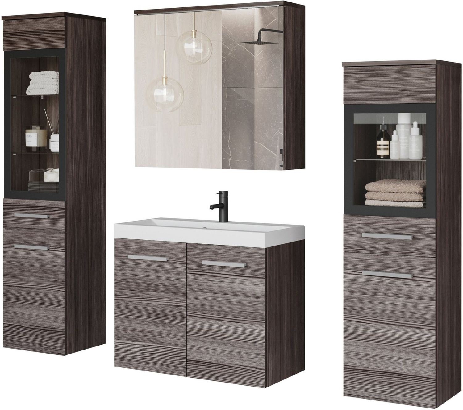 welltime Badmöbel-Set MADRIT II, Schrank mit Waschbecken, 2 Hänger, Spiegelschrank, (Komplett-Set, 5-St), Hängende Badmöbel mit Glaseinsätzen – in vielen Farben erhältlich Bild 1