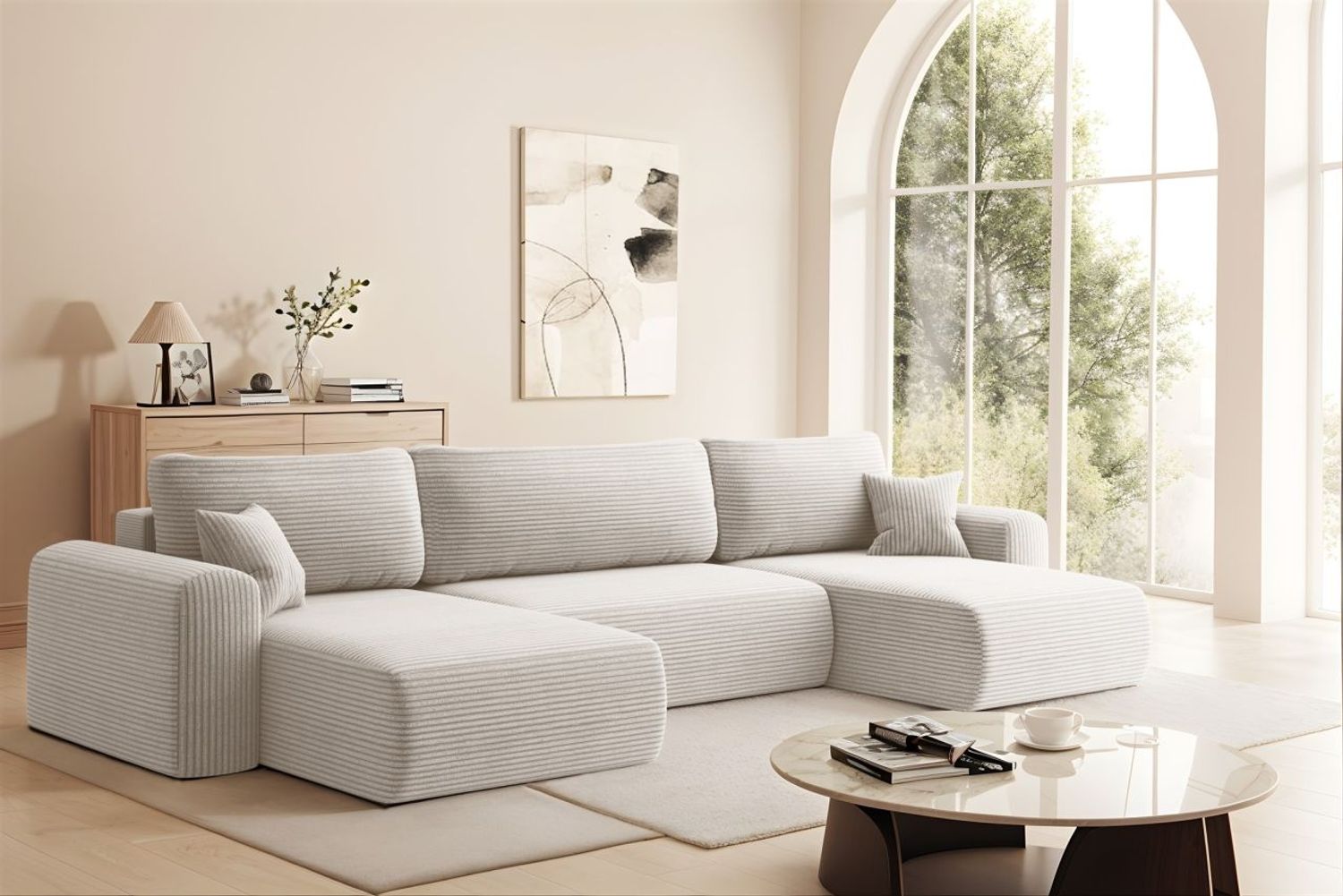 Wohnlandschaft Sofa mit Schlaffunktion FLORA Stoff Poso Altweiß Bild 1