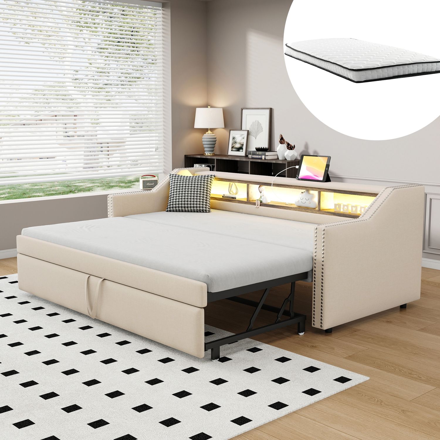 Schlafsofa aus Leinen mit Ausziehbett, USB-Anschluss & LED, 90/180x190 cm, Beige, mit 2 Matratzen Bild 1