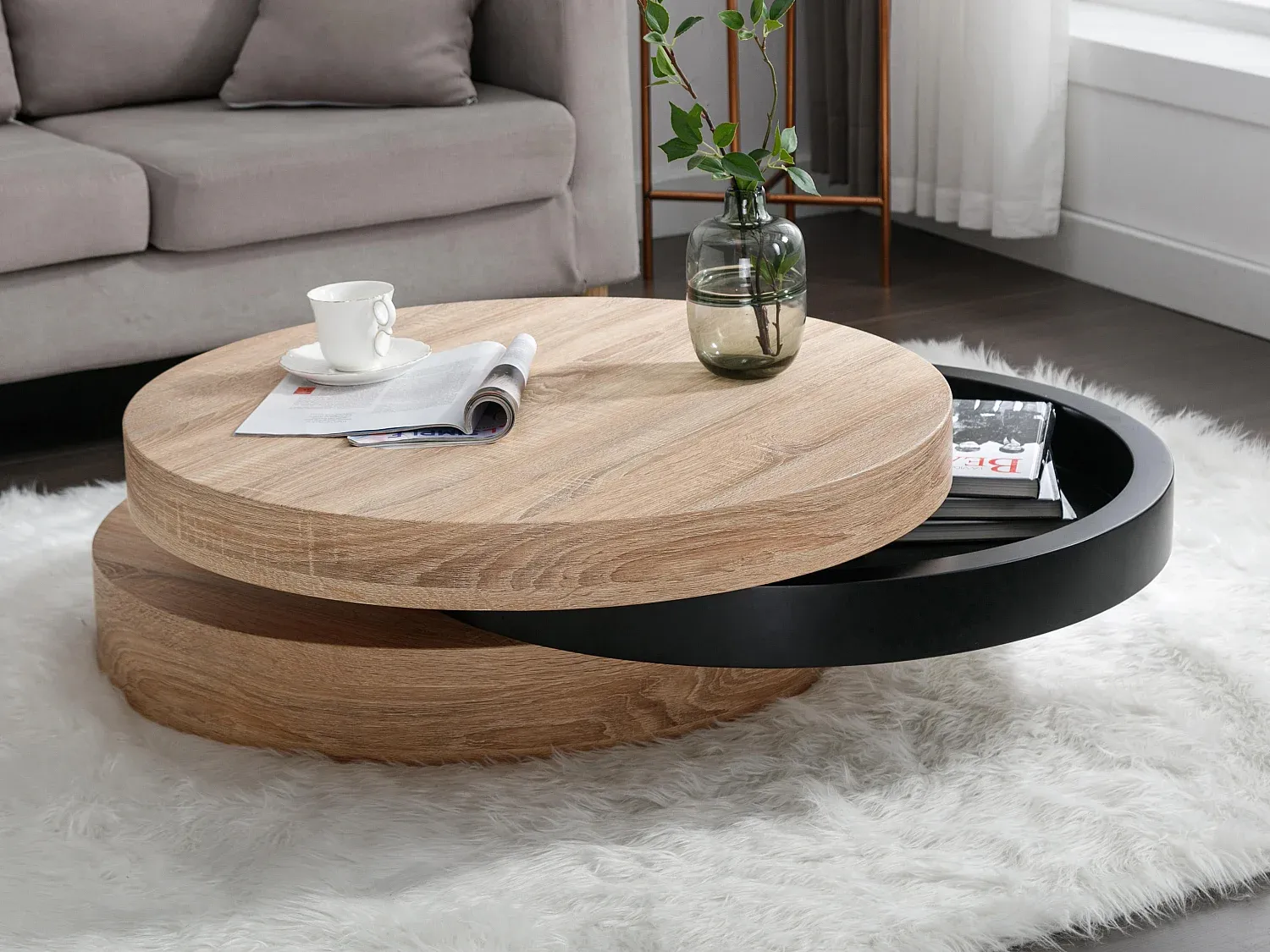 Vente-unique - JANITA Couchtisch Holz, Platte SchwarzBeige - B 80 cm x H 32,5 cm x L 80 cm Bild 1