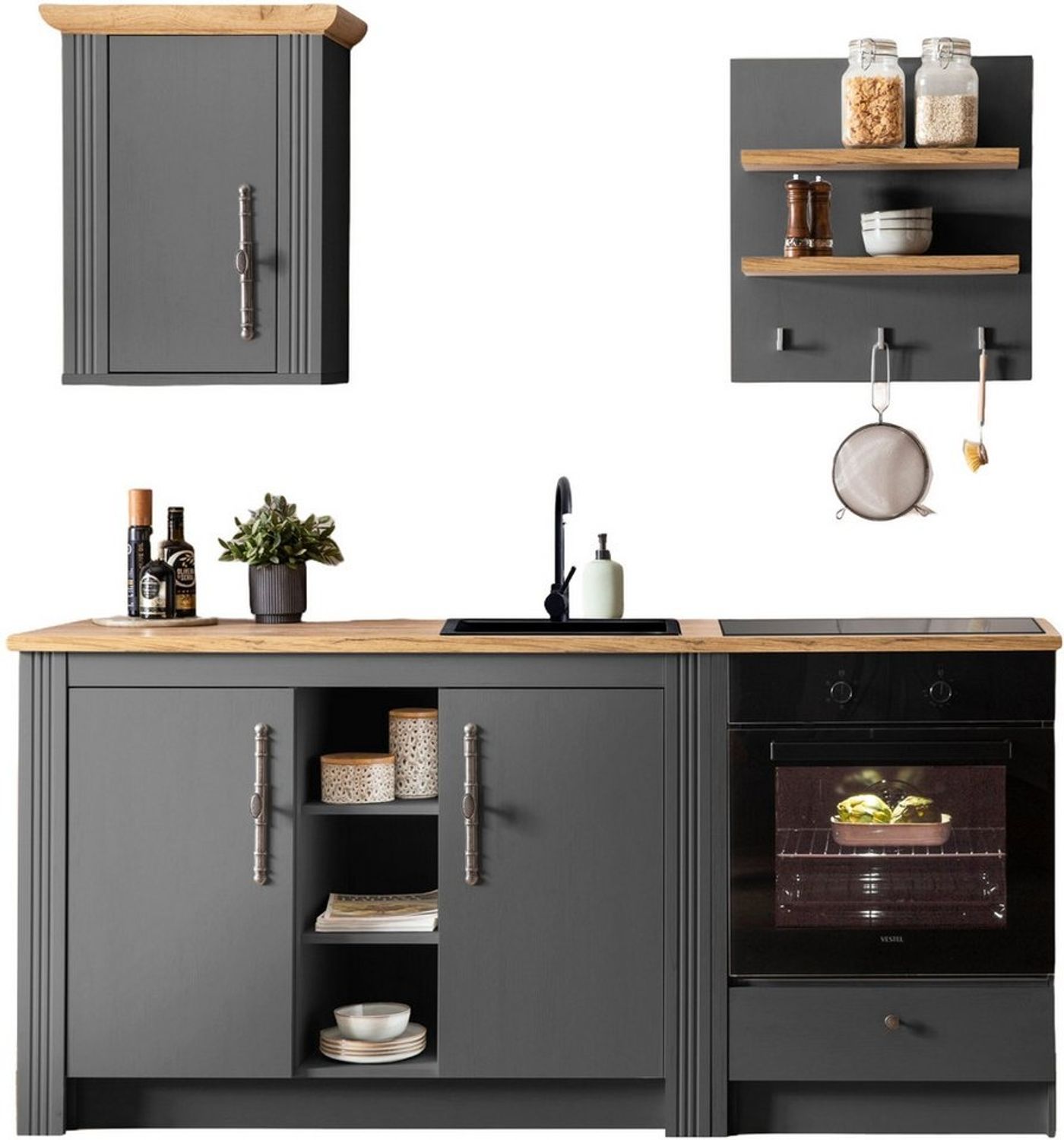 OTTO home Küchenzeile KS-Westminster, Pantryküche im Landhaus Stil, hochwertige Metallgriffe, (Set), Breite 194 cm, Kommode, Wandpaneel, Hängeschrank und Herdumbau Bild 1