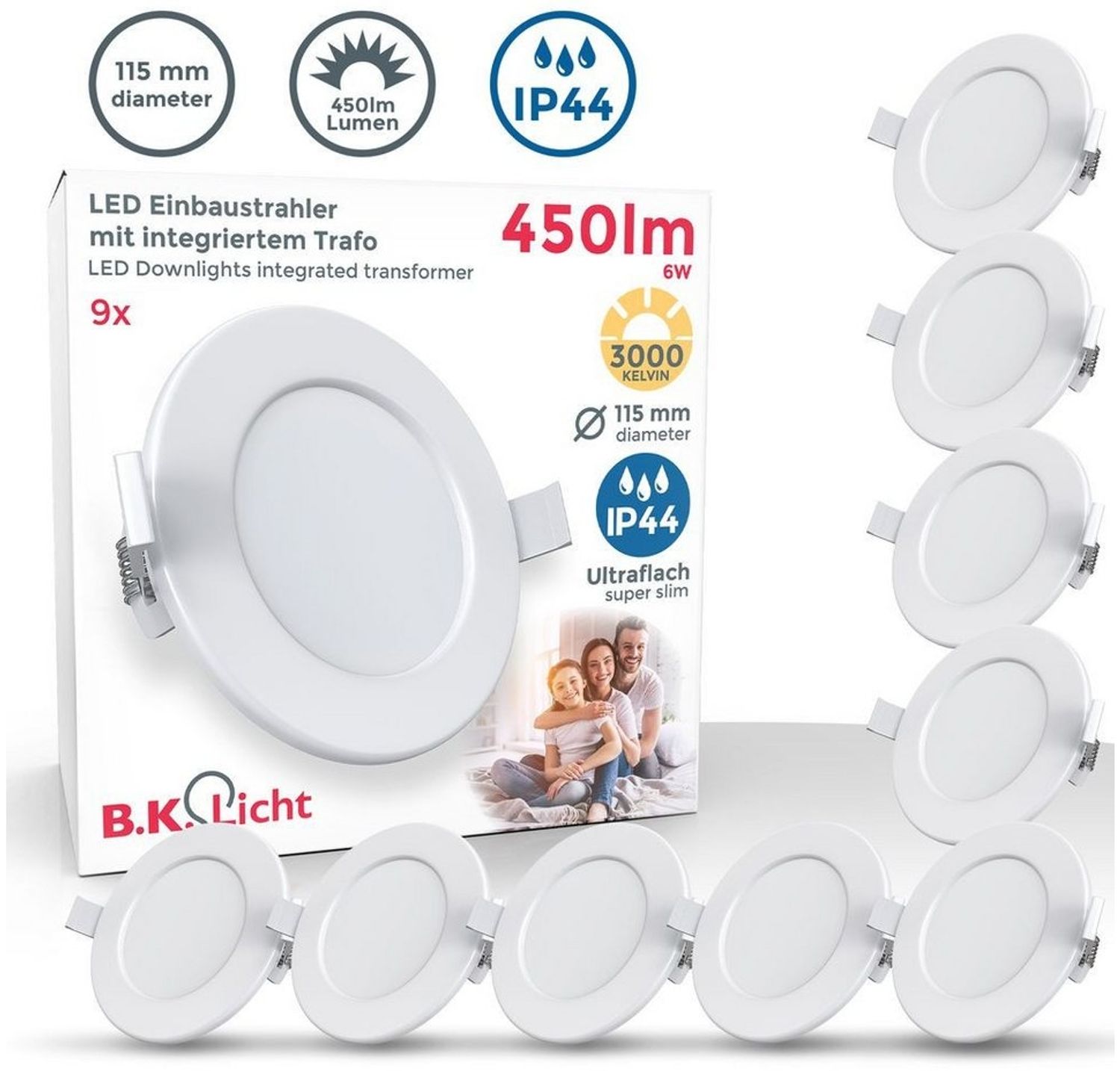 B.K.Licht LED Einbaustrahler Bad Einbauleuchten 9er Set Ultra-flach Ø115x30mm 230V Weiß - BKL1274, LED fest integriert, Warmweiß, 9 Badezimmer-Einbausprots Decke IP44 230V 6W 450 Lumen 3000K Warmweiß Bild 1