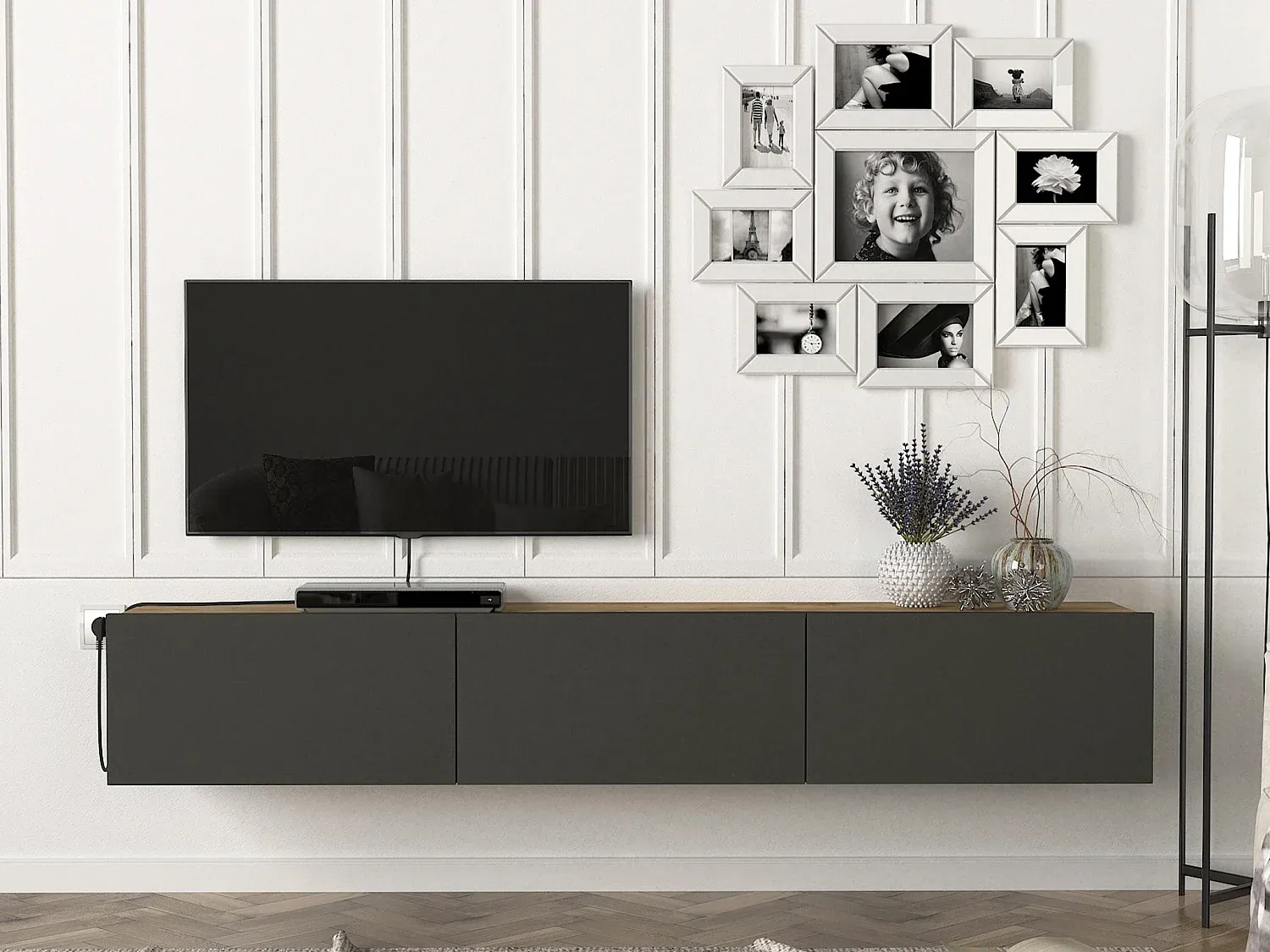 Vente-unique - VIKILA TV unit Holz, Platte GrauBeige - B 29,5 cm x H 29,5 cm x L 180 cm Bild 1