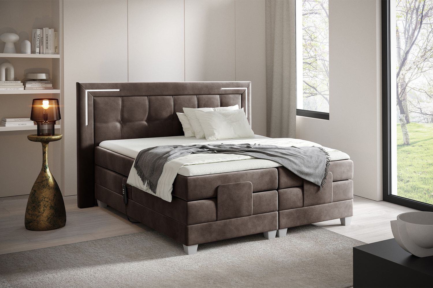 MEBLINI Boxspringbett Elektrisch TARENTE 160x200 cm mit Bettkasten und LED – H3/Braun Samt Polsterbett - Doppelbett mit Toppers & Taschenfederkern-Matratzen Bild 1