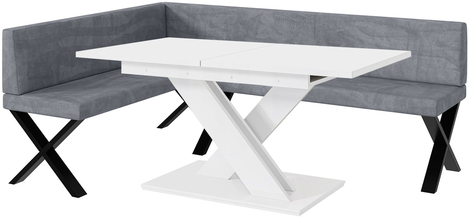 MEBLINI Eckbank für Esszimmer mit ausziehbarem Tisch - Küchenbank - Essecke - Sitzecke Küche - TONI - X-Beine 142x196x87cm Links - Grau Samt/B Weiß Matt Bild 1