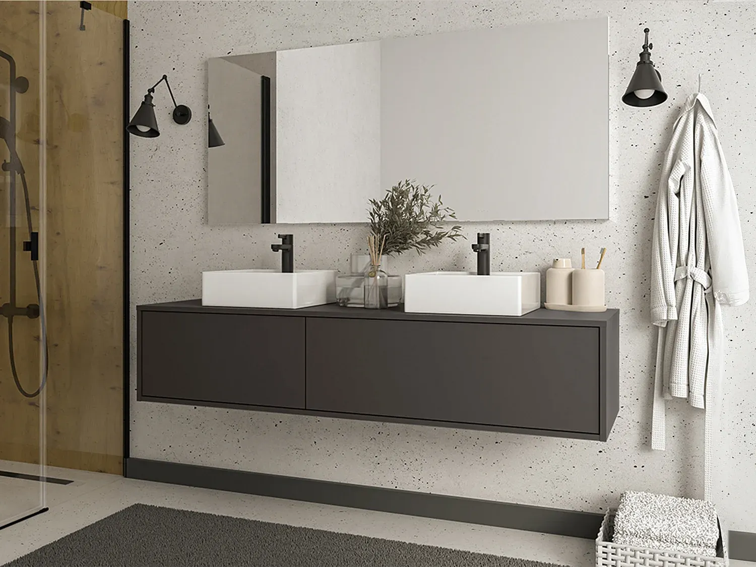 Vente-unique - ISAURE Waschbeckenmöbel Holz, Platte Grau - B 47 cm x H 32 cm x L 150 cm Bild 1