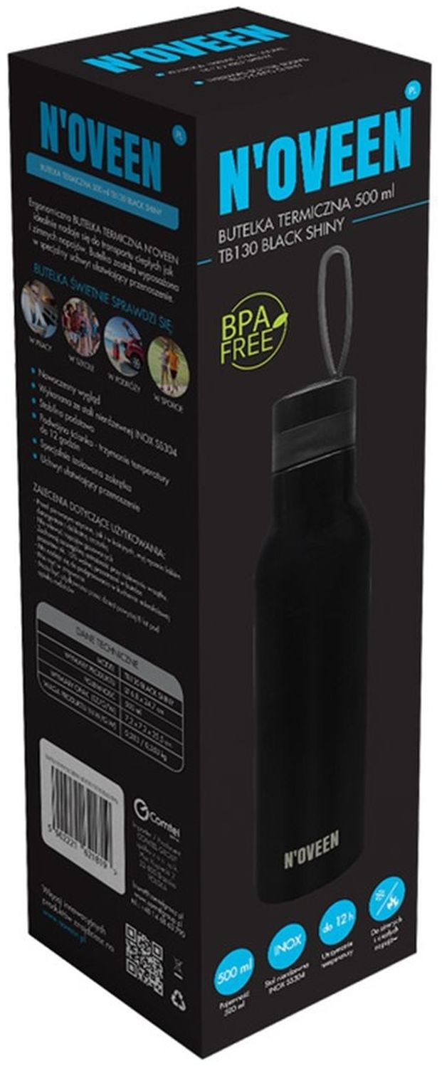 NOVEEN Glänzende Edelstahl Thermoflasche | 500 ml, Schwarz Bild 1