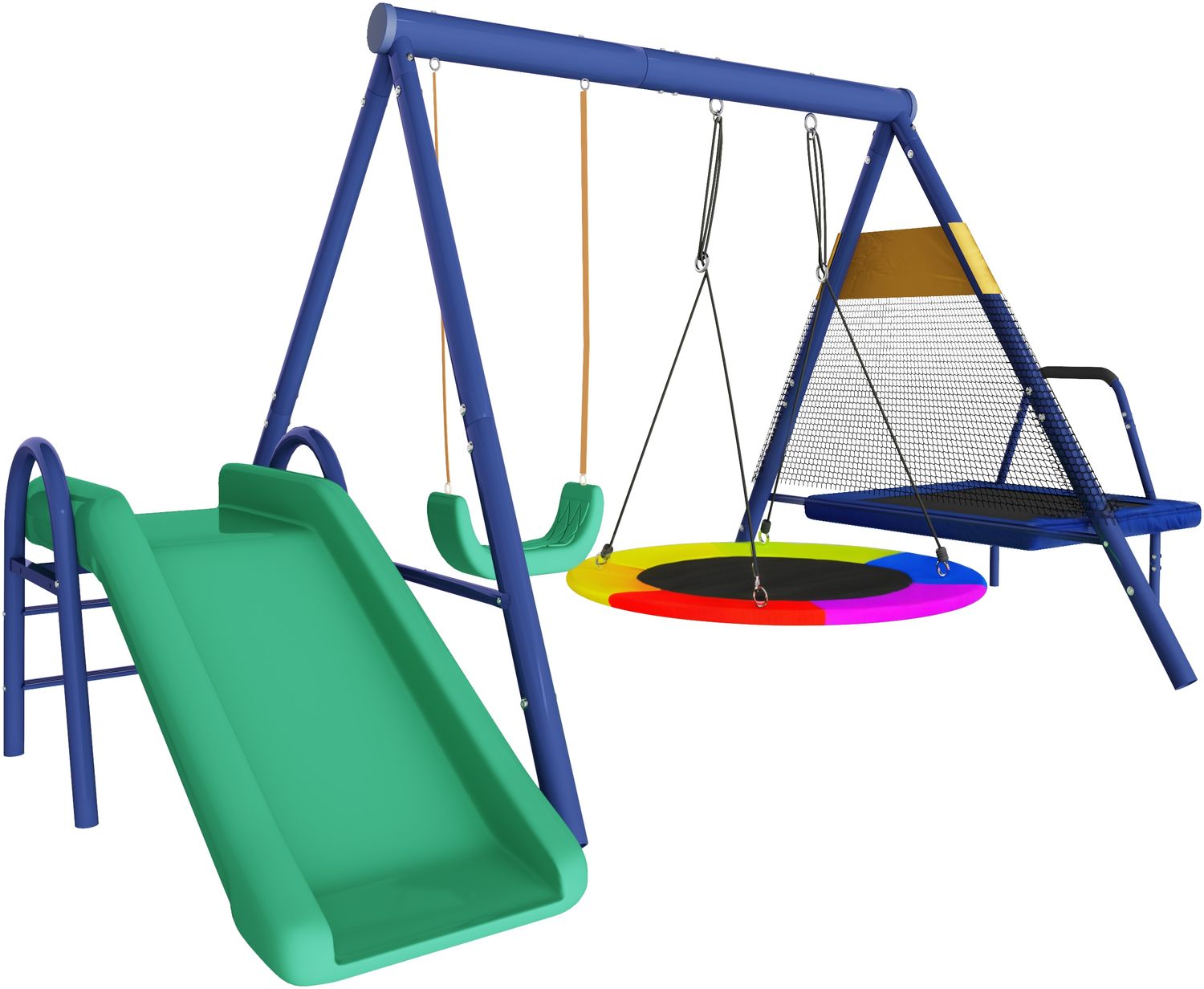 LVHOM 4-in-1 Schaukelgestell für den Garten, Kinderschaukel mit Wellenrutsche, Nestschaukel und Trampolin,Stabiles Metall-Klettergerüst, Outdoor-Spielplatz Bild 1