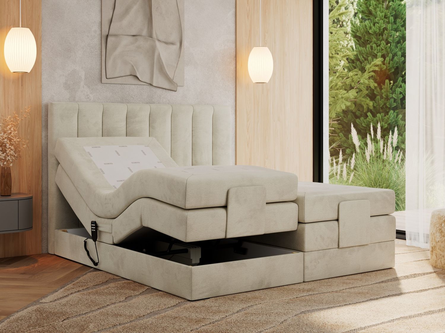 Boxspringbett mit elektrisch verstellbaren Matratzen, zwei Bettkästen und einem Topper - COMFORTO - 160 x 200 cm - Beige Velvet - H3 Bild 1