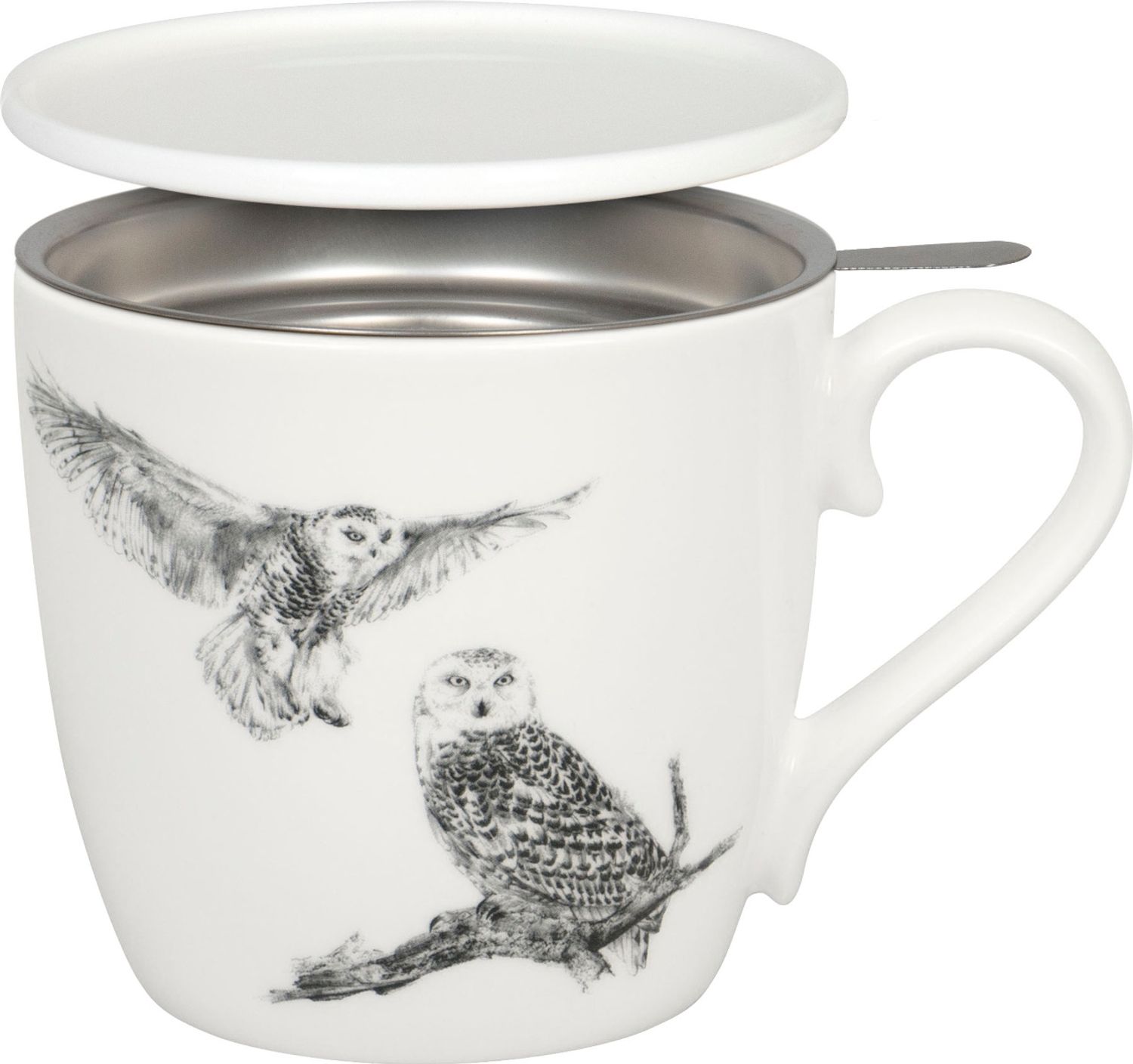 KÖNITZ 115S572986 Becher AMAZING ANIMALS Schneeeule 425 ml mit Sieb und Deckel, Bone China Porzellan / Design Vanessa Kahl Bild 1