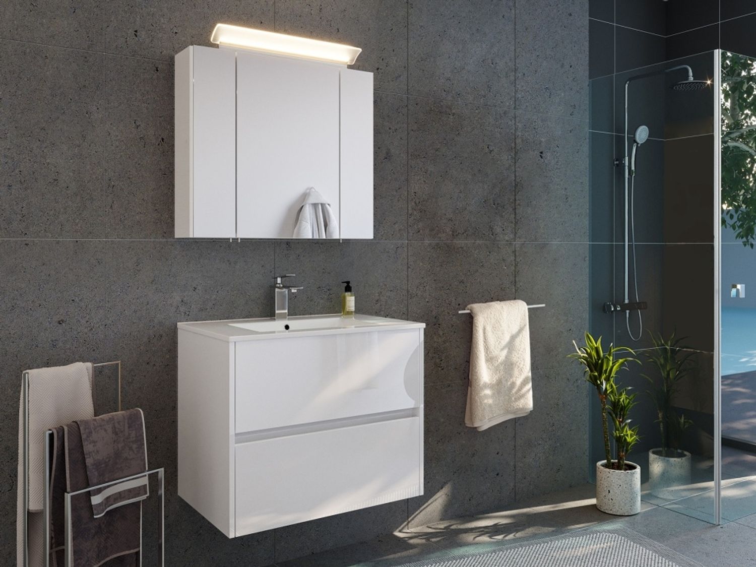 Badmöbelset Taifun 70cm 2tlg mit Spiegelschrank weiß Hgl : Weiss hochglanz Bild 1