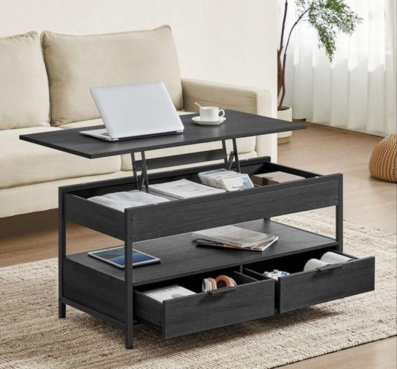 Vasagle höhenverstellbarer Wohnzimmertisch, X-Streben, 50x100 x (48-63)cm, Spanplatte/Stahl anthrazitgrau-schwarz Bild 1