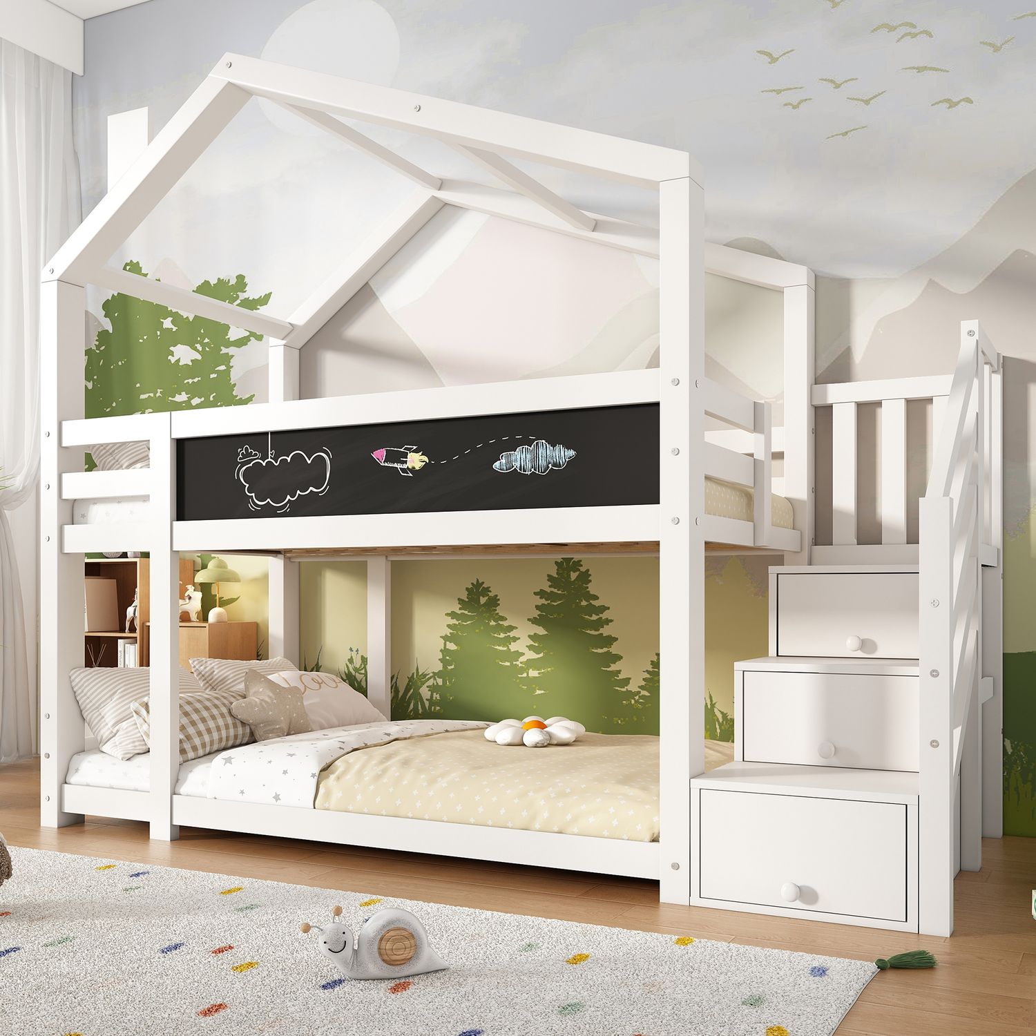 Merax 90x200 cm Kinderbett Baumhaus mit Schornstein & Speicherung und Rausfallschutz, Hochbett - Weiß(ohne Matratze) Bild 1