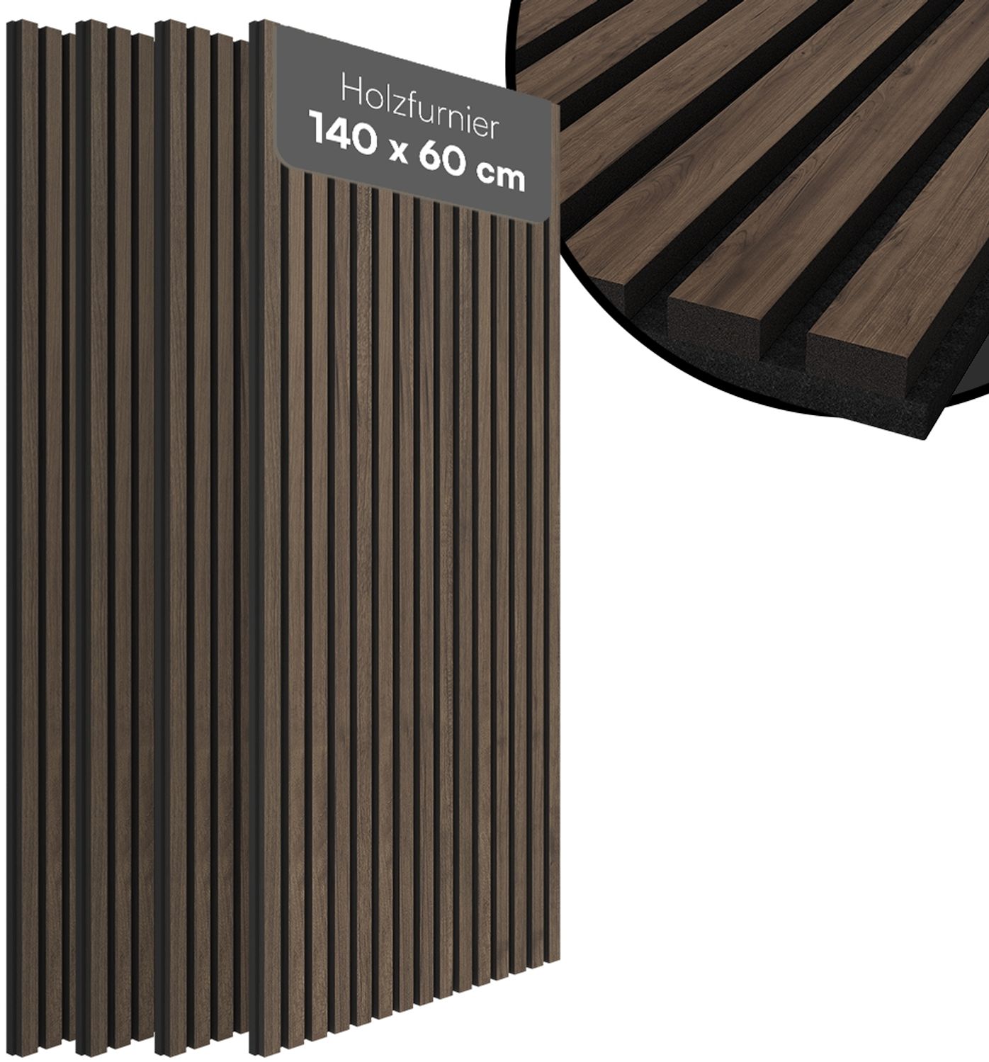 Bellamio 'Kilwa' 3D Akustikpaneele, Holzoptik Walnuss, Echtholzfurnier und MDF, 140x60x2,1 cm, Wandpaneele mit Schallschutz, 4er Set Bild 1