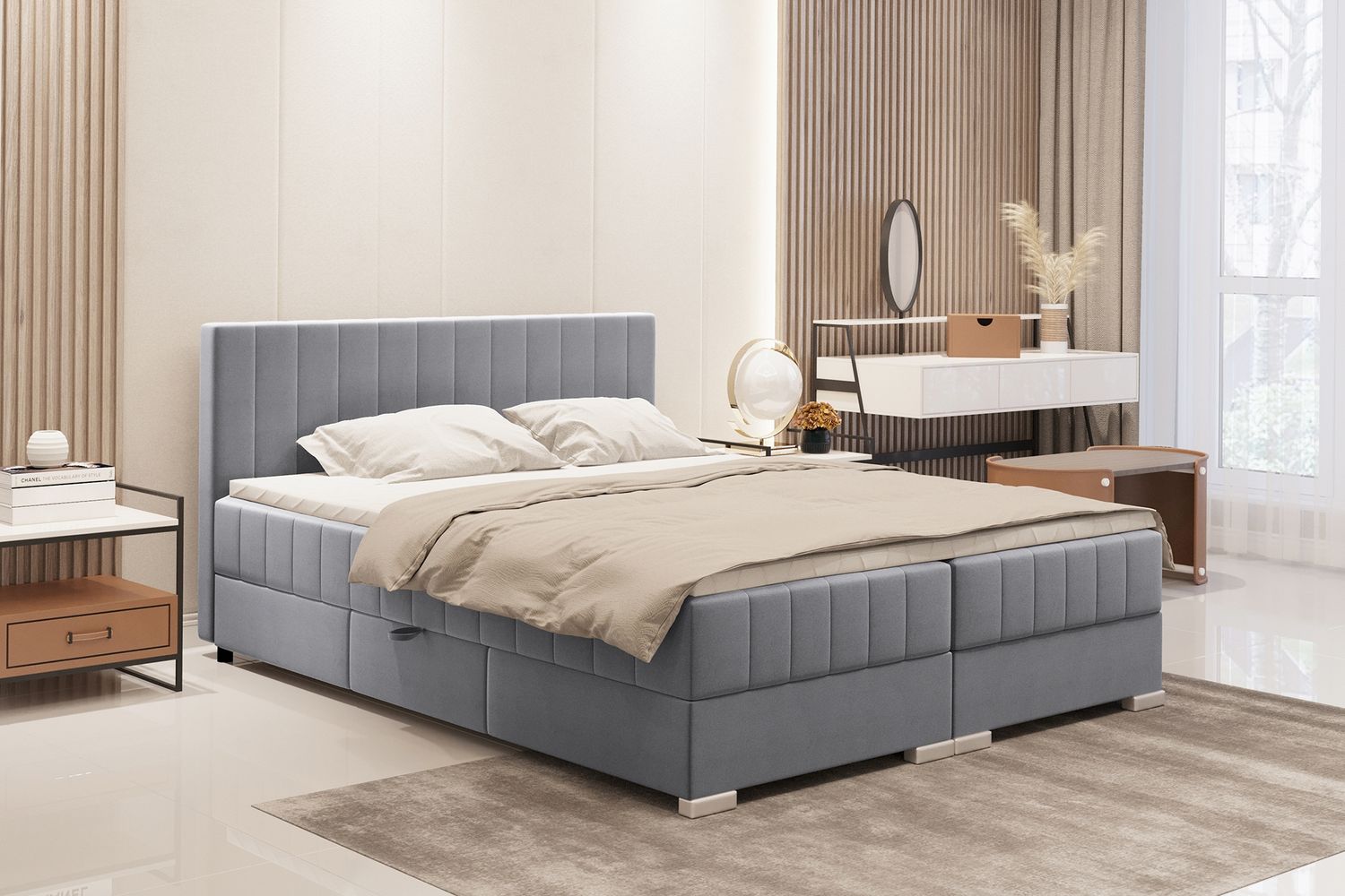 MEBLINI Boxspringbett PIAF 140x200 cm mit Bettkasten - H3P/Grau Samt Polsterbett - Doppelbett mit Topper & Taschenfederkern-Matratze Bild 1