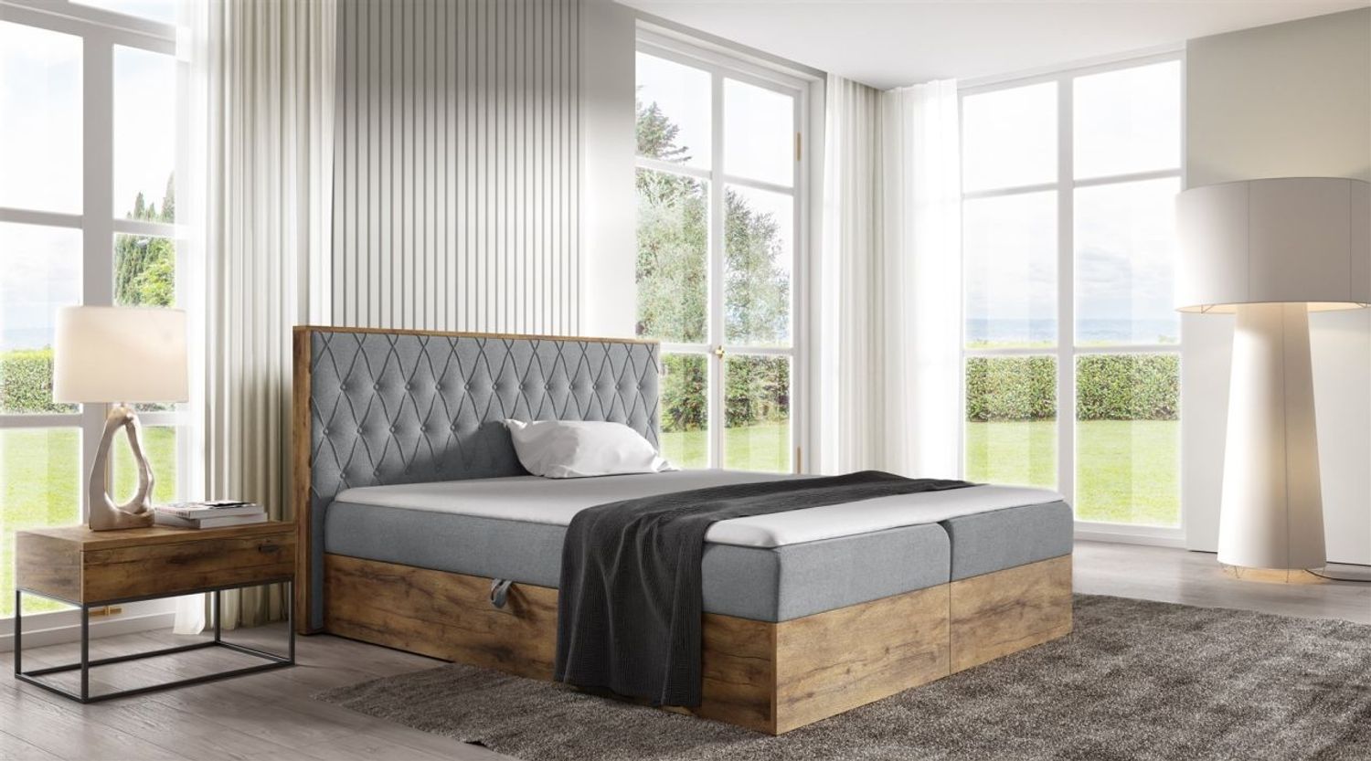Boxspringbett Bett BROMIA 160x200 cm Lancelot Eiche Stoff Grau inkl. Bettkasten Bild 1