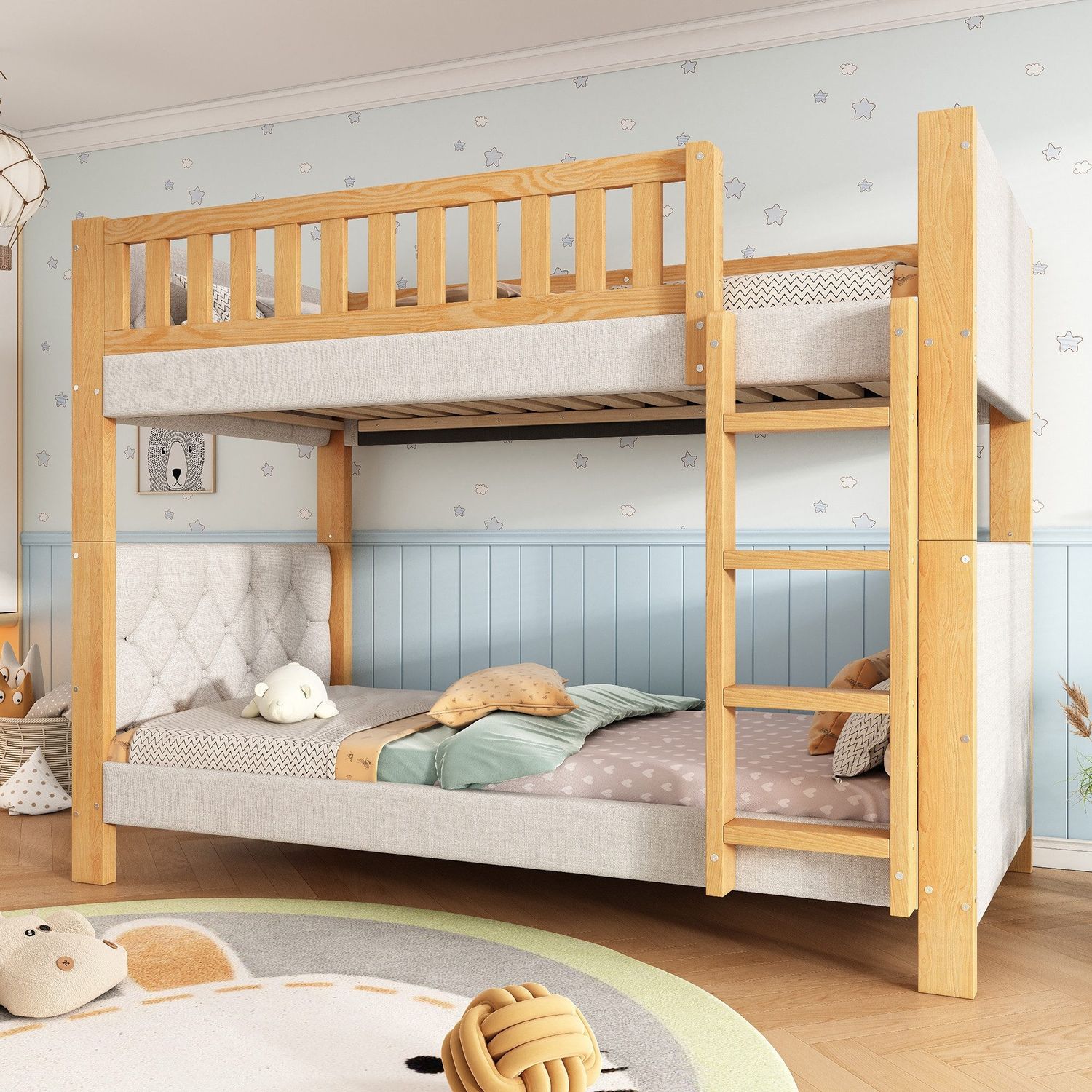 Etagenbett mit 2 Schlafgelegenheiten, 90x200cm, Kopfteil gepolstert, Kinderbett mit Leiter und Lattenost, Massivholz Bild 1