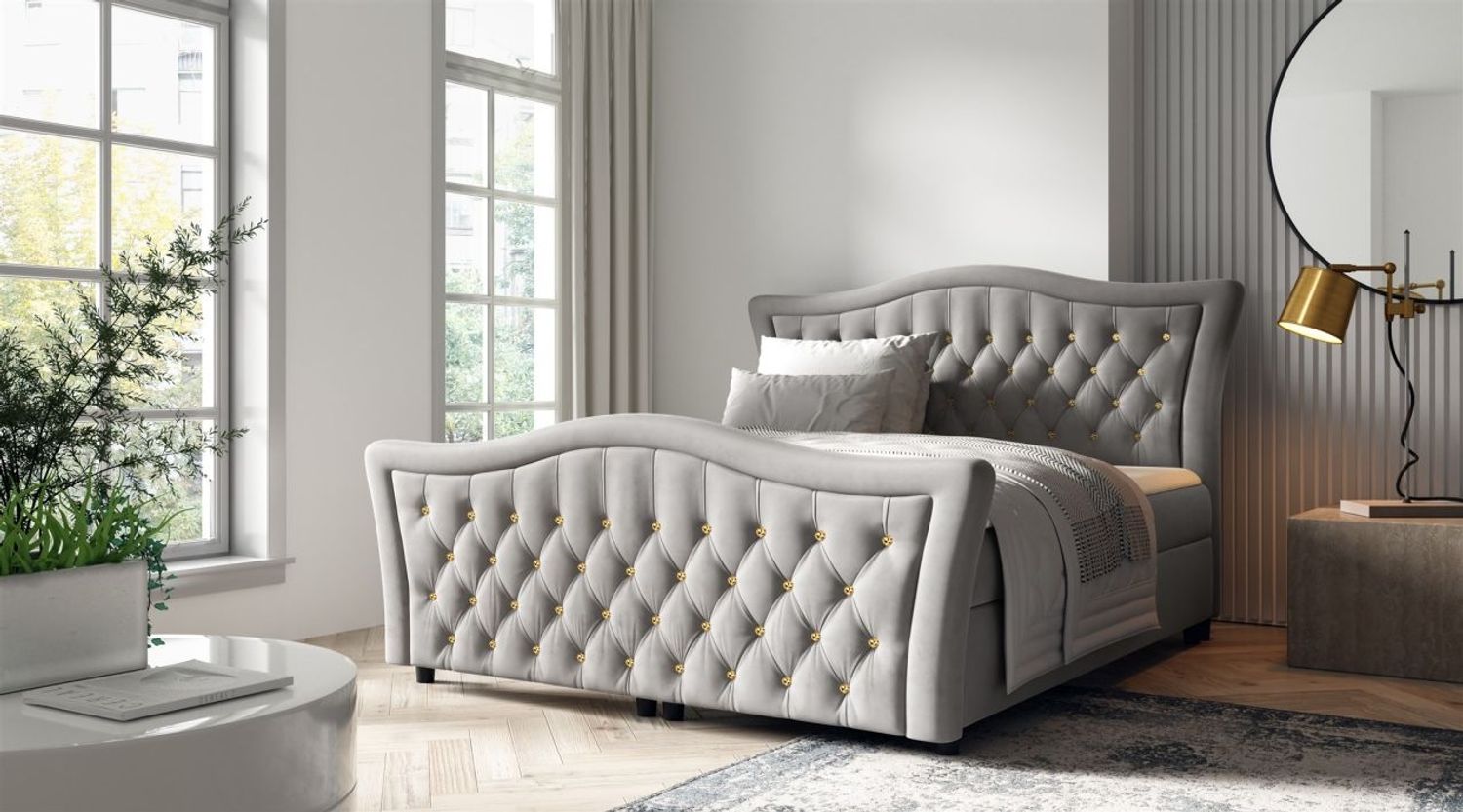 Boxspringbett Schlafzimmerbett TURHAN 140x200cm Stoff Elisa Velvet Hellgrau Bild 1