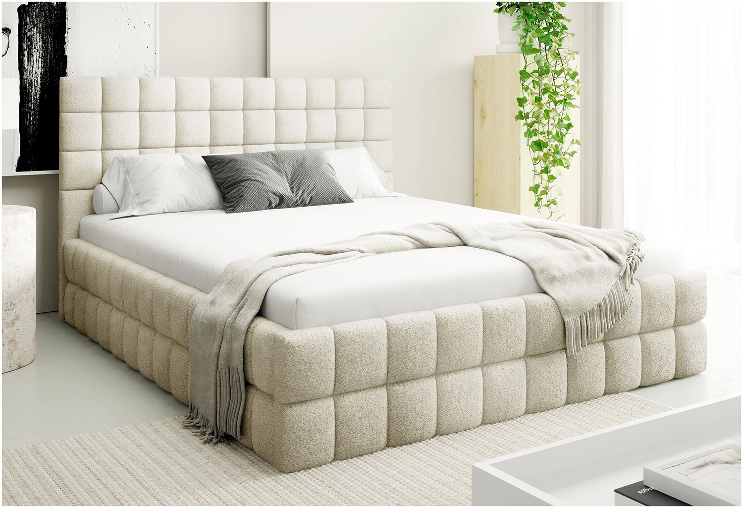 MEBLINI Polsterbett 180x200 mit Lattenrost mit Matratze – ANDREA – Weiß Milch Boucle – Doppelbett mit Bettkasten - Stauraumbett - Kopfteil Bett mit Stauraum Bild 1