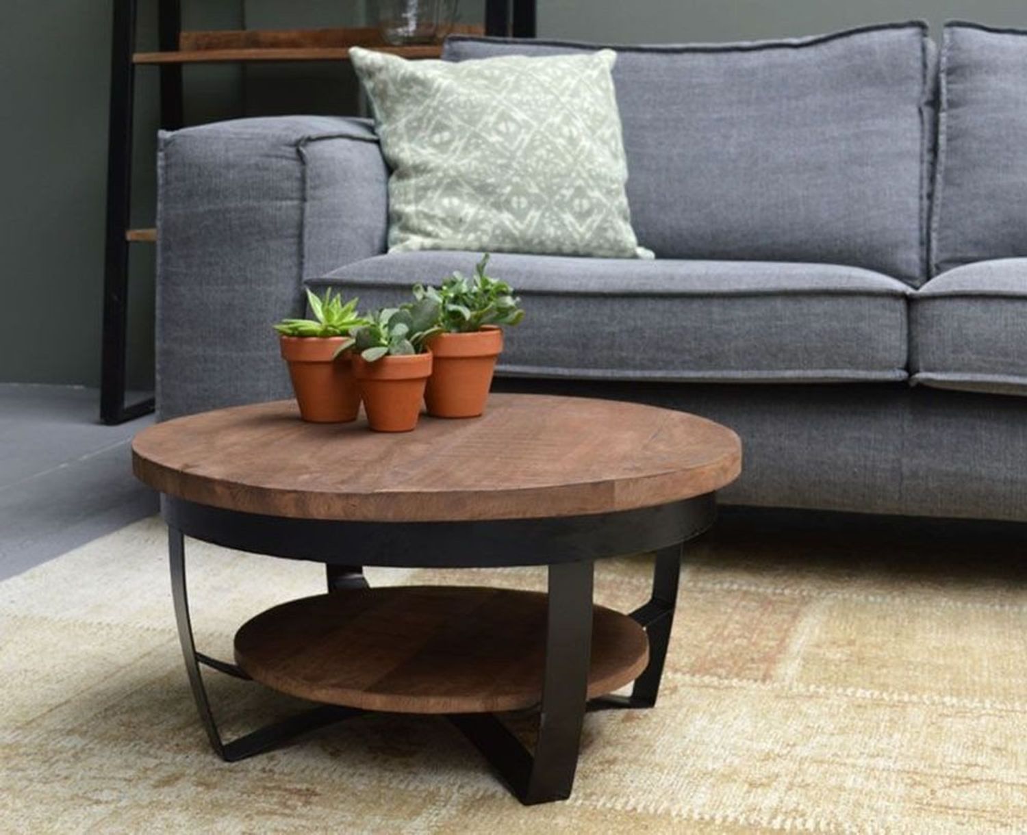 Couchcenter Couchtisch DESIGN Couchtisch Mangoholz Mango Holz Metall Mark rund Beistelltisch, Mit Ablage Bild 1