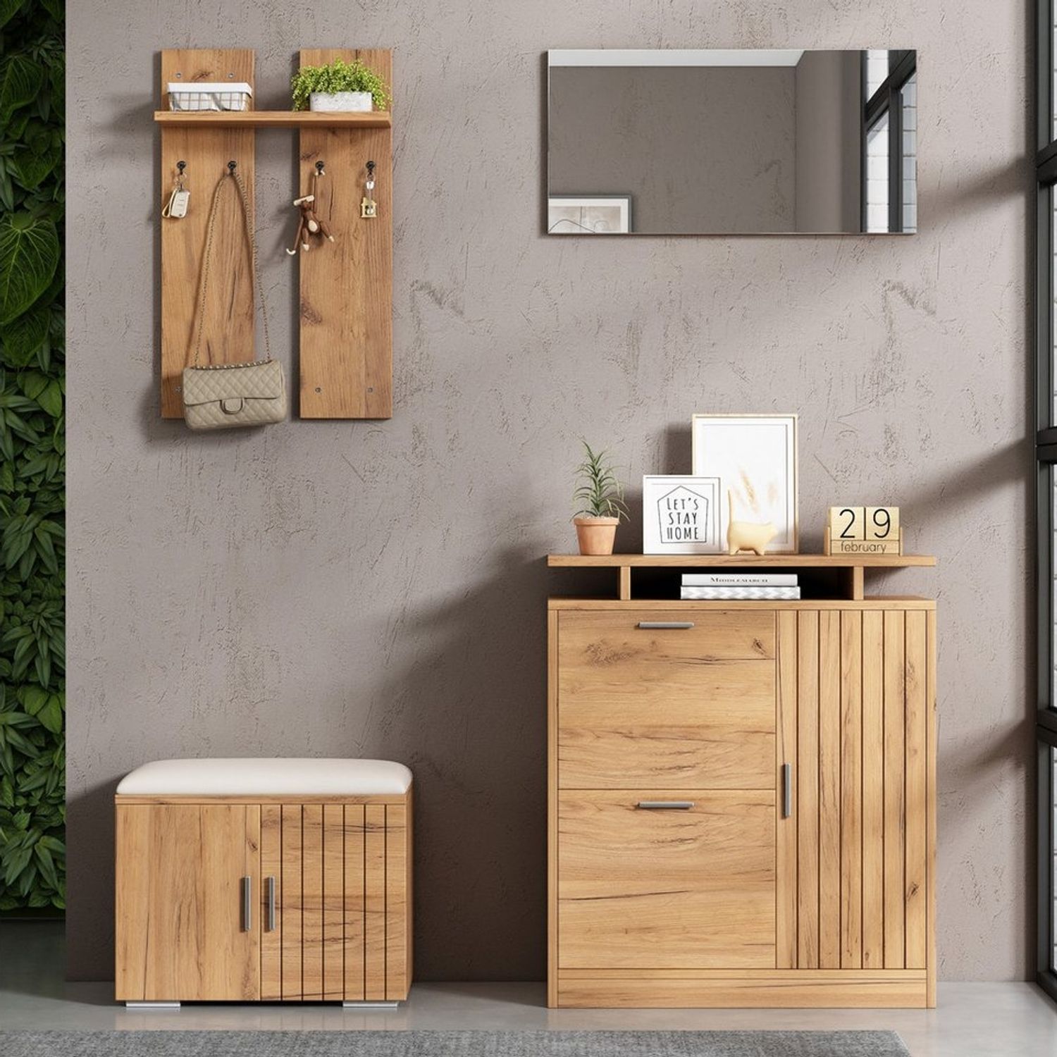 Flieks Garderoben-Set Garderobe mit 1 Spiegel, 4 Haken, Schuschrank, Sitzbank in Holzoptik, (Set, 4-St), Flurmöbel-Set Schuhbank mit Sitzkissen, Schuhkommode mit 2 Klappen Bild 1