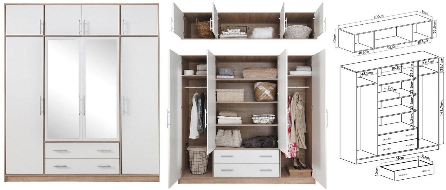 Marmex Möbel Spiegelschrank SMART 1+Spiegel/N Mehrzweckschrank Kleiderschrank 200 x 230 x 56 (2-St) Schrankaufsatz, viel Stauraum, 2 Schubladen Bild 1