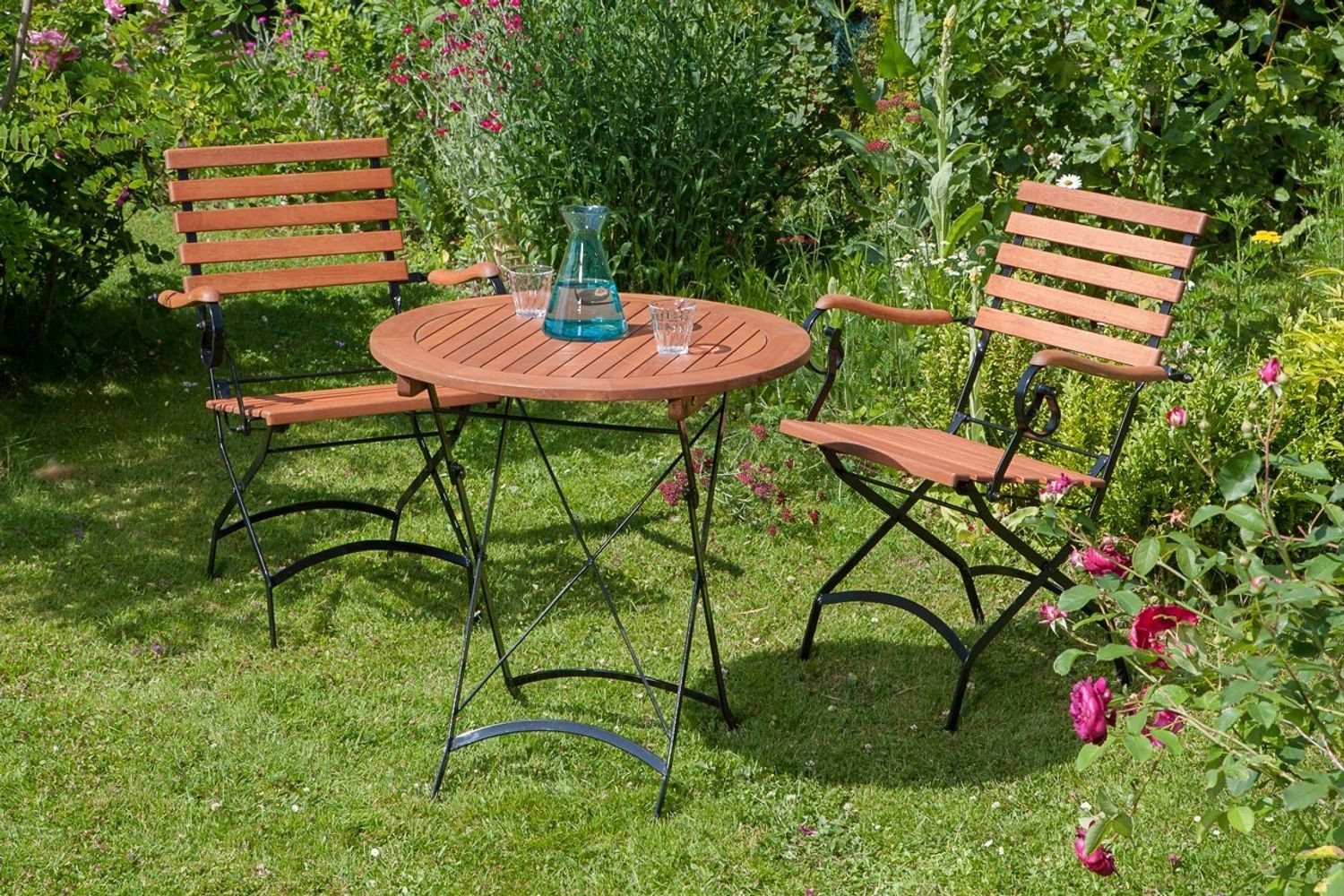 Schlossgarten Set 3tlg, 2 Klappsessel, Klapptisch Ø 70 cm, Flachstahl/Eukalyptus Bild 1