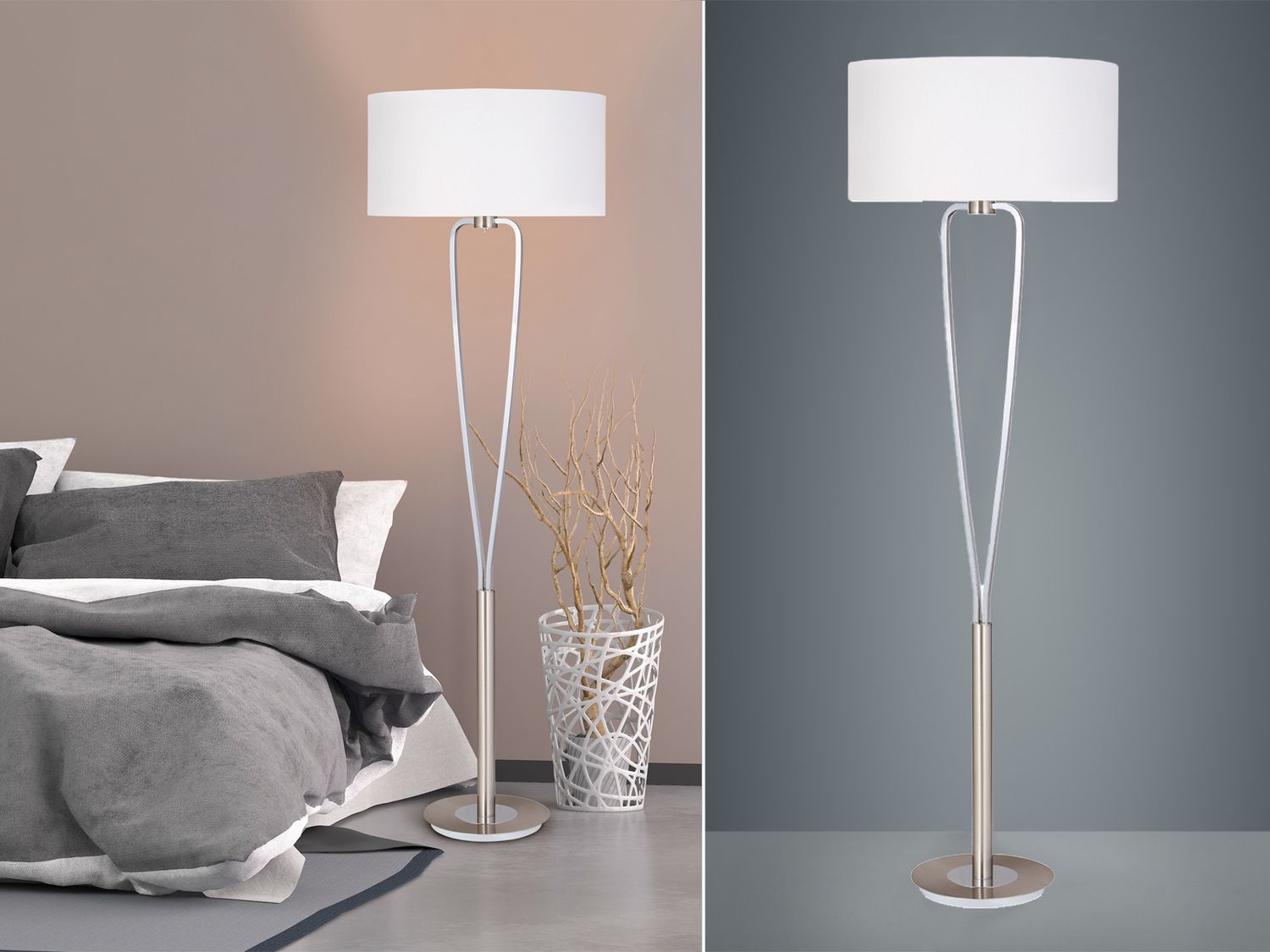 Designer LED Stehleuchte Silber mit Stoffschirm Weiß, Höhe 160cm Bild 1