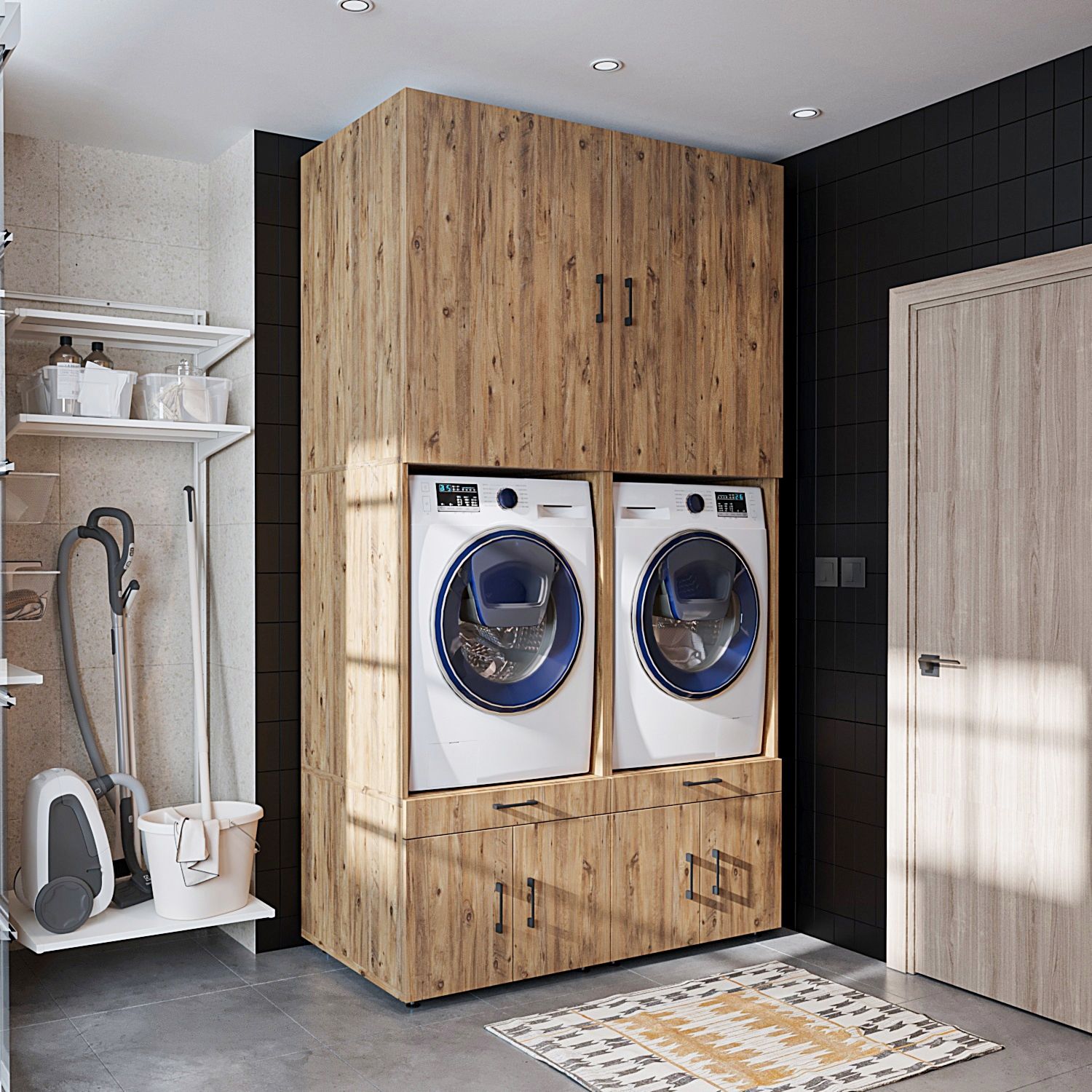 Roomart Waschmaschinenschrank 95 cm mit Schrankaufsätzen & Ausziehbrett - SERIE 3 - BHT: 134×240×66,8 cm – Hauswirtschaftsraum & Waschküche • Eiche Bild 1