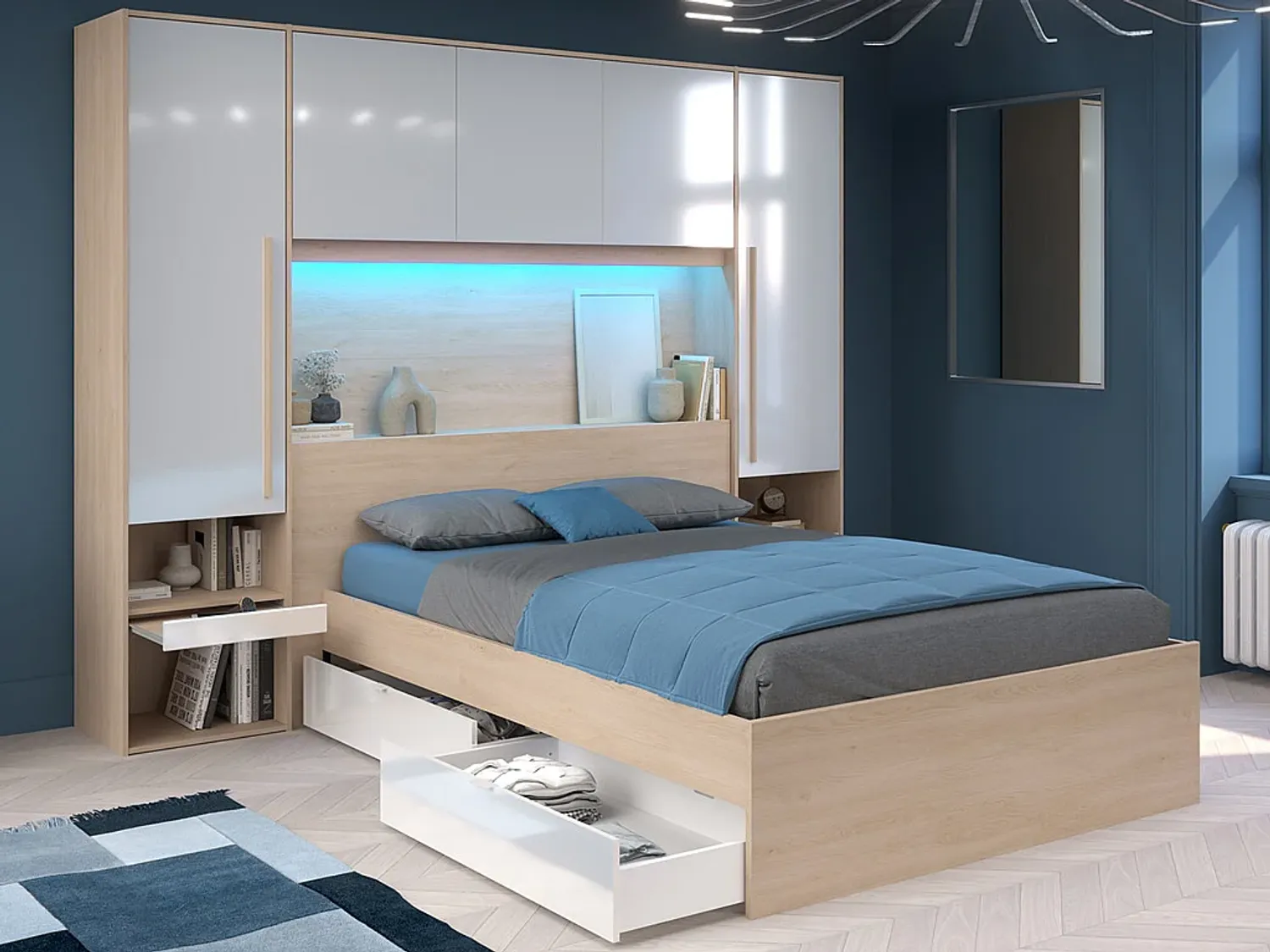 Vente-unique - VELONA Bett Holz, Platte BeigeWeiß - B 233 cm x H 202,8 cm x L 265,2 cm Bild 1