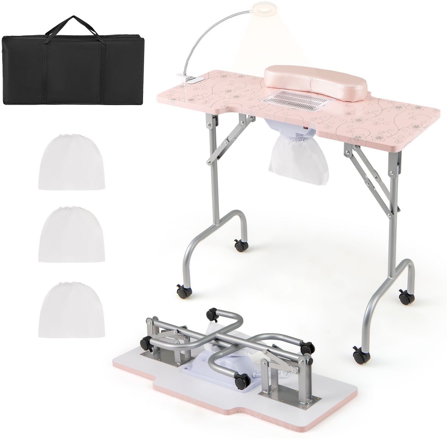 Zusammenklappbarer Maniküretisch mit elektrischem Staubsammler tragbarer Nageltechniker-Schreibtisch Rosa Bild 1