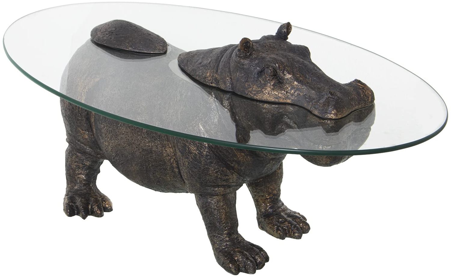 DRW Couchtisch mit einem Nilpferd aus Kunstharz in Altgold und transparentem Glas, 80 x 50 x 37 cm Bild 1