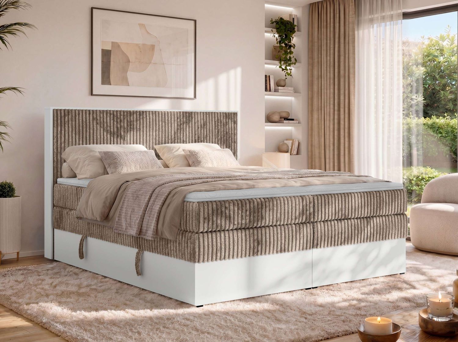 Boxspringbett mit Stauraum TRAVIT KING, Bett mit Gasdruckfedern, Multipocket Matratze H4 und Topper T25, zwei Bettkästen - 200 x 200 cm - Braun Cord Bild 1