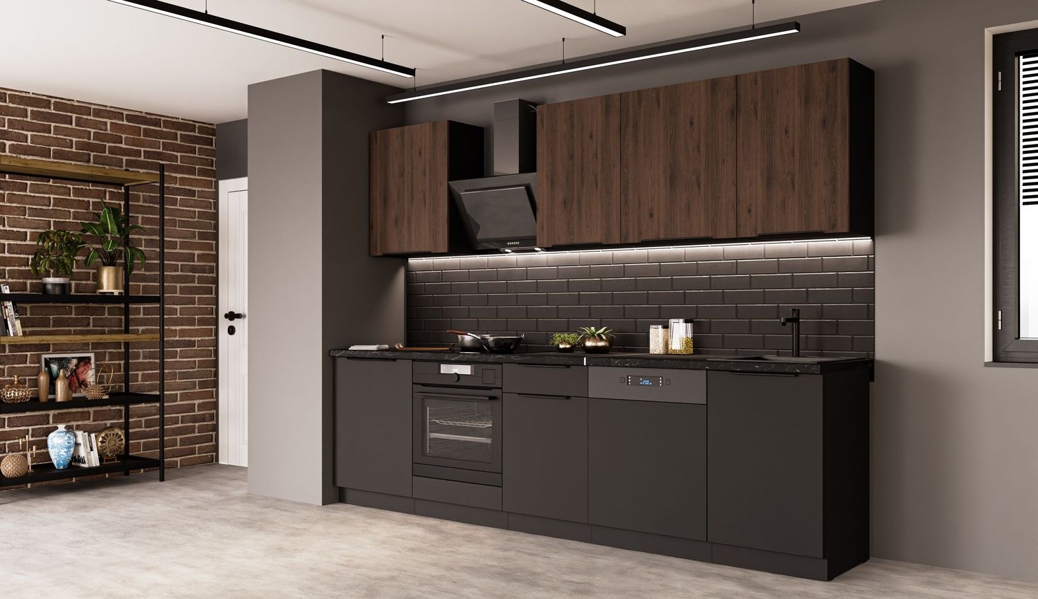 Küche SIENA + MONZA BASIC 280 cm Küchenzeile Küchenblock Einbauküche Nussbaum Okapi + Schwarz matt Bild 1