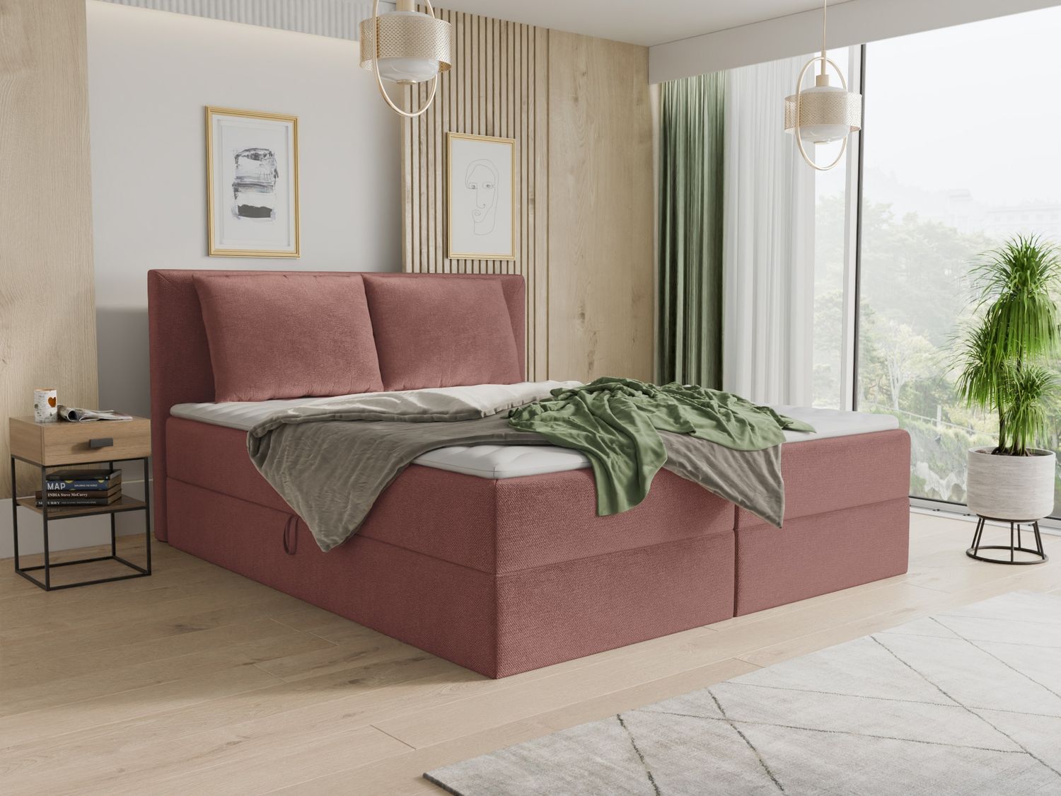 Boxspringbett Egro mit 2 Bettkästen und Zwei große Kissen - Doppelbett mit Bonell-Matratze und Topper, Polsterbett (Pink (Kronos 29), 140 x 200 cm) Bild 1