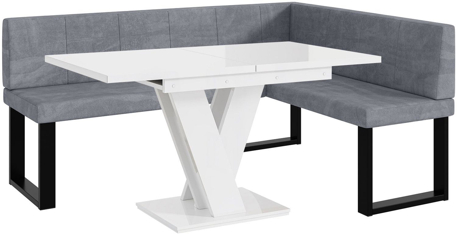 MEBLINI Eckbank für Esszimmer mit ausziehbarem Tisch - Küchenbank - Essecke - Sitzecke Küche - PETER - U-Beine 128x168x87cm Rechts - Grau Samt/M Weiß Hochgl. Bild 1