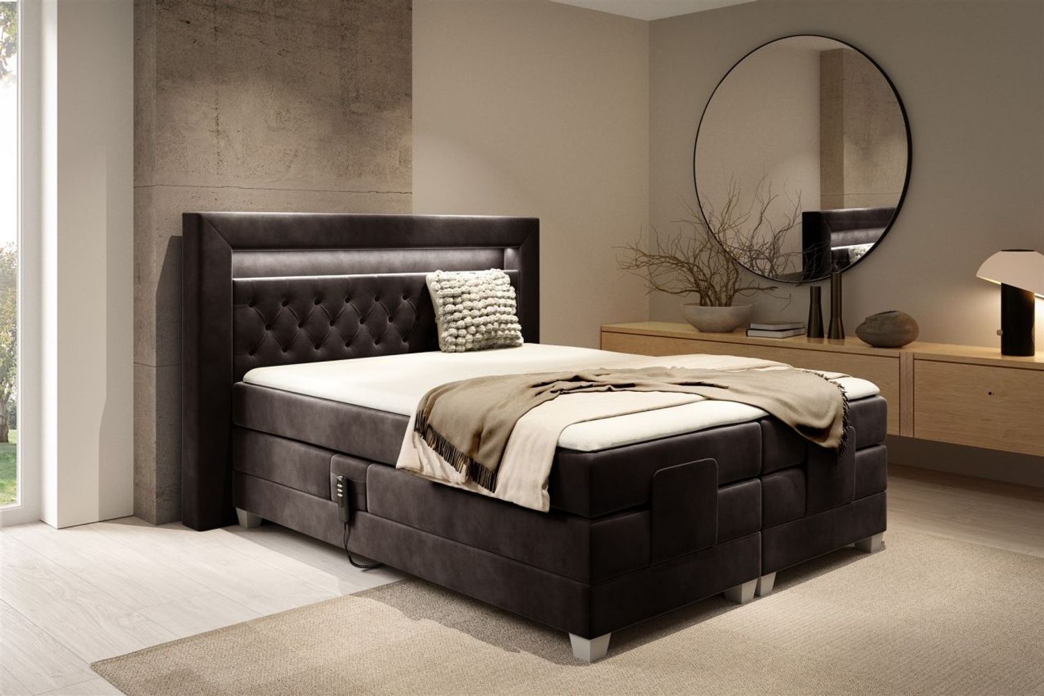 Boxspringbett Elektrisch Bett ARMANDO 160x200cm in Stoff Fresh Dunkelbraun Bild 1