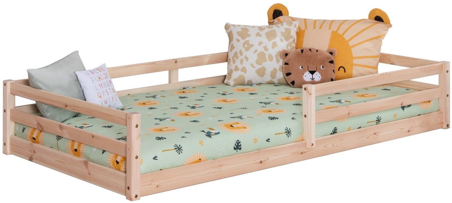 Ticaa Kinderbett, Neo Hausbett Bodenbett mit Rausfallschutz 150kg, inkl. Lattenrost & abnehmbarem Rausfallschutz, 100x200, Natur Bild 1