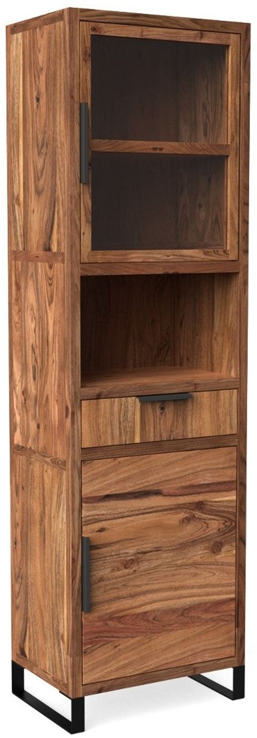 massivum Vitrine Sydney Akazie hell 50x185x45 cm Massivholz-Glasvitrine braun Hochvitrine Wohnzimmer-Schrank mit Glastüren rustikal Bild 1