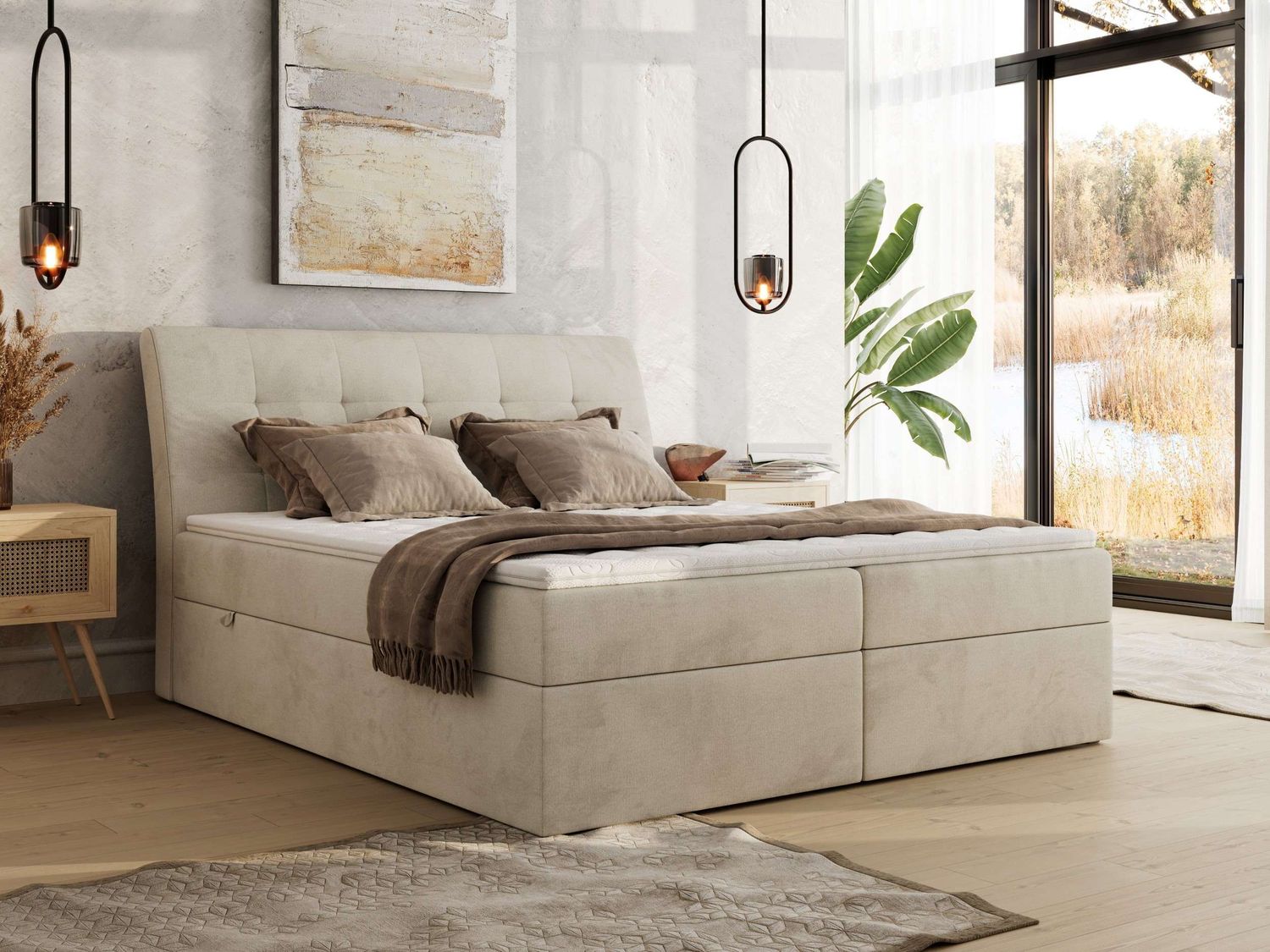 Boxspringbett DAGOS 160 x 200 cm mit Kopfteil, Lattenrost und Stauraum – Doppelbett mit Matratze & Topper Visco , stabile Konstruktion, Bettkasten, modernes Design - Beige Velvet - H3 Bild 1
