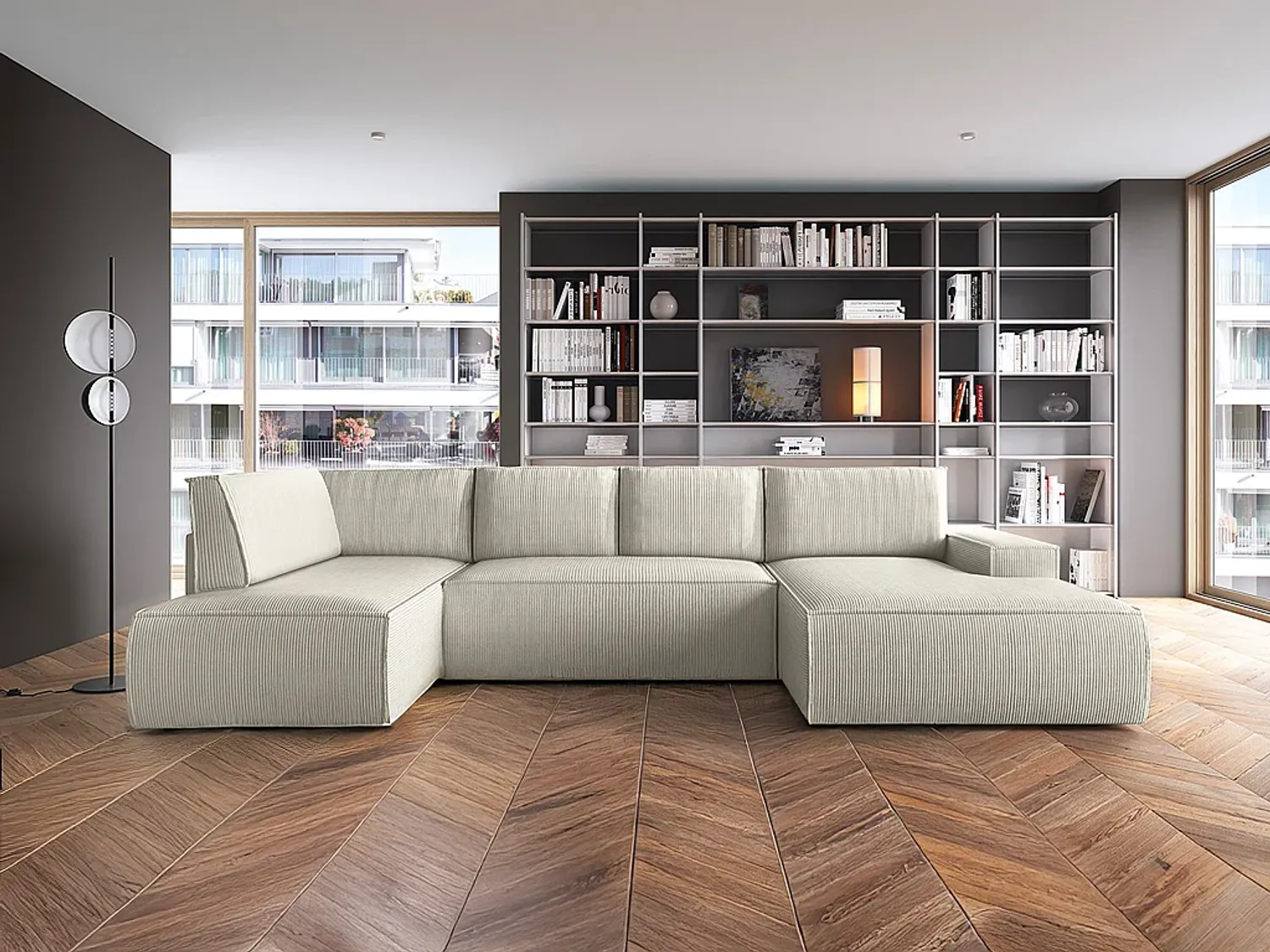 Vente-unique - AMELIA Sofa SamtStoff Beige - B 195 cm x H 85 cm x L 349 cm Bild 1