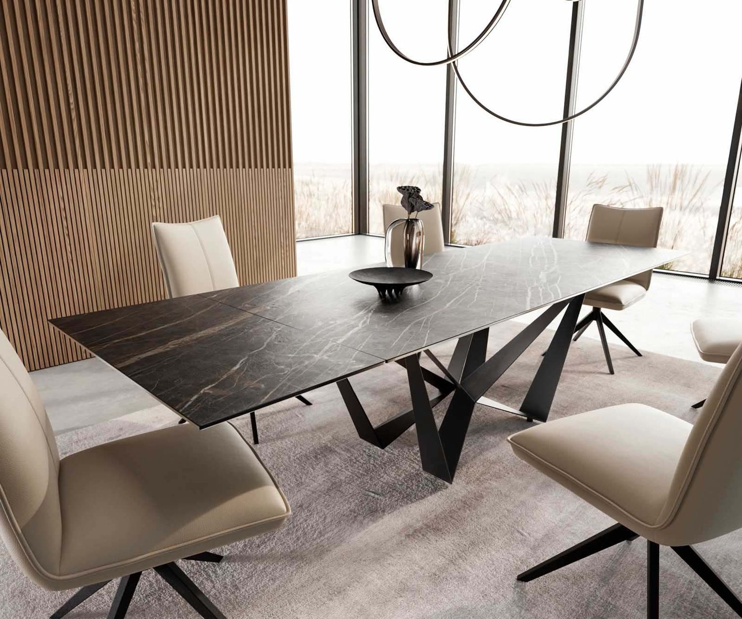 Esstisch Edge 200-300x100 Keramik Laminam®Noir Desir Braun Spider Flachstahl Schwarz ausziehbar Bild 1